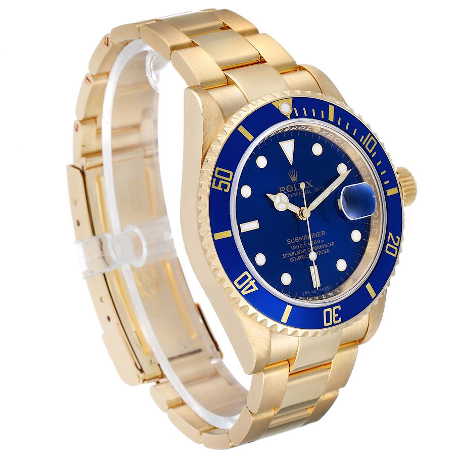 Men's Rolex 40mm Submariner 18K Yellow Gold Oyster Perpetual Watch with Blue Dial and Blue Bezel. (Pre-Owned 16618)