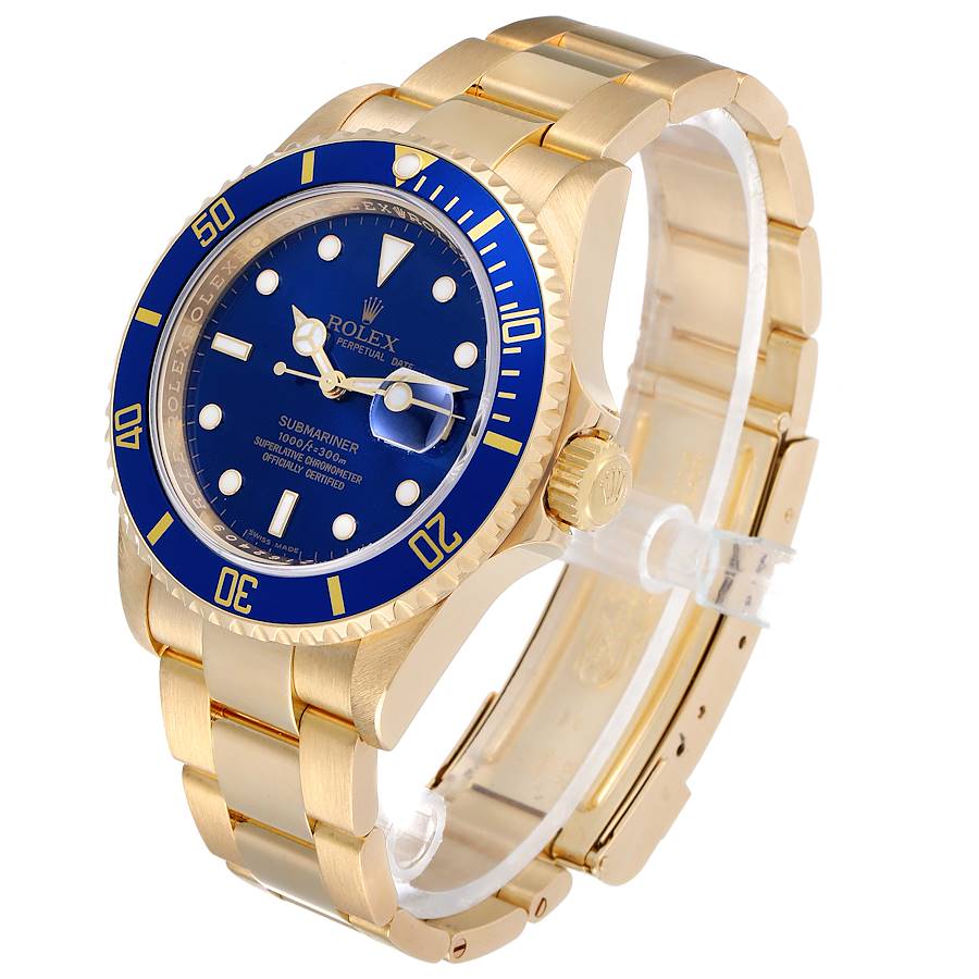 Men's Rolex 40mm Submariner 18K Yellow Gold Oyster Perpetual Watch with Blue Dial and Blue Bezel. (Pre-Owned 16618)