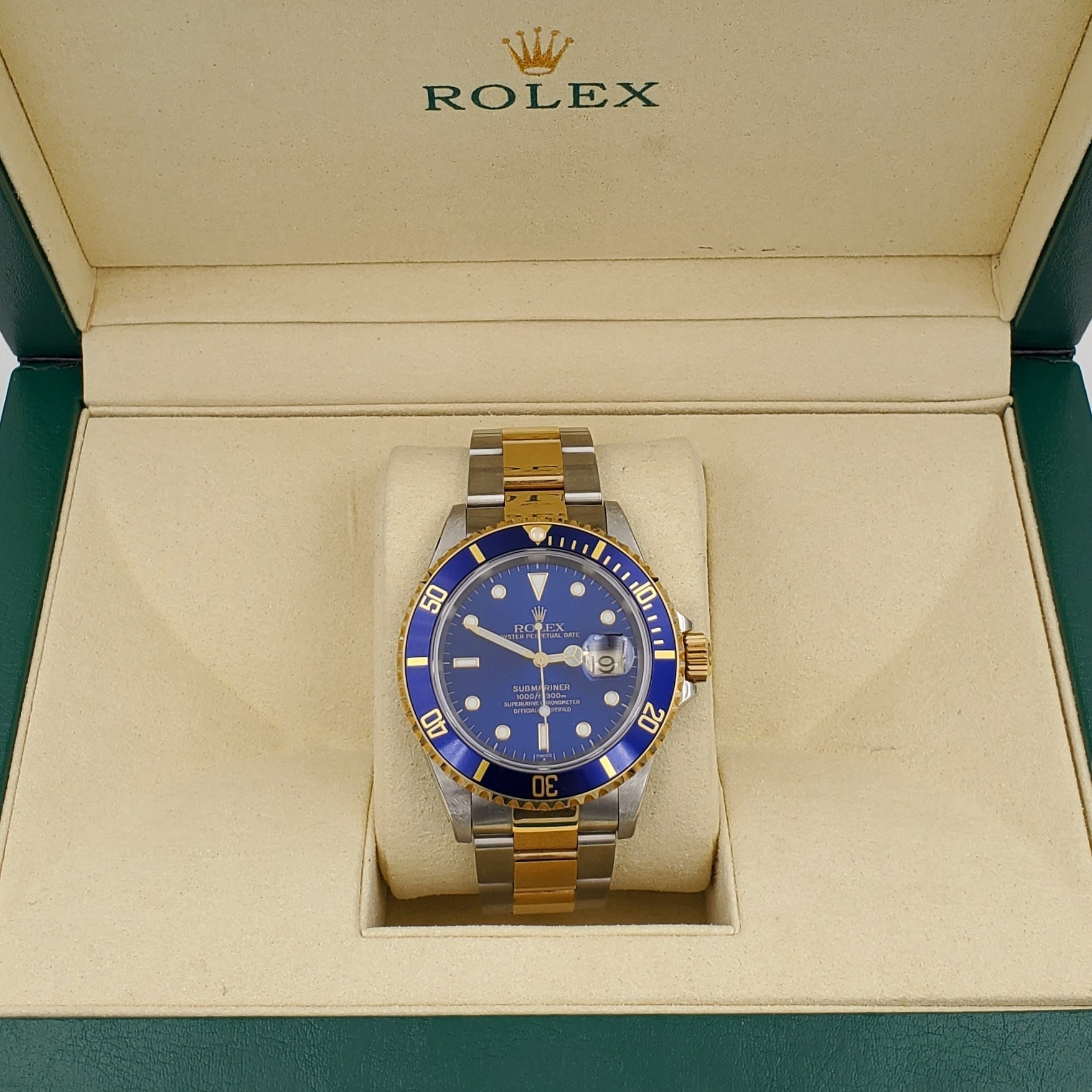 1999 Men's Rolex 40mm Submariner Oyster Perpetual Two Tone 18K Yellow Gold / Stainless Steel Wristwatch w/ Blue Dial & Blue Bezel. (UNWORN 16613)