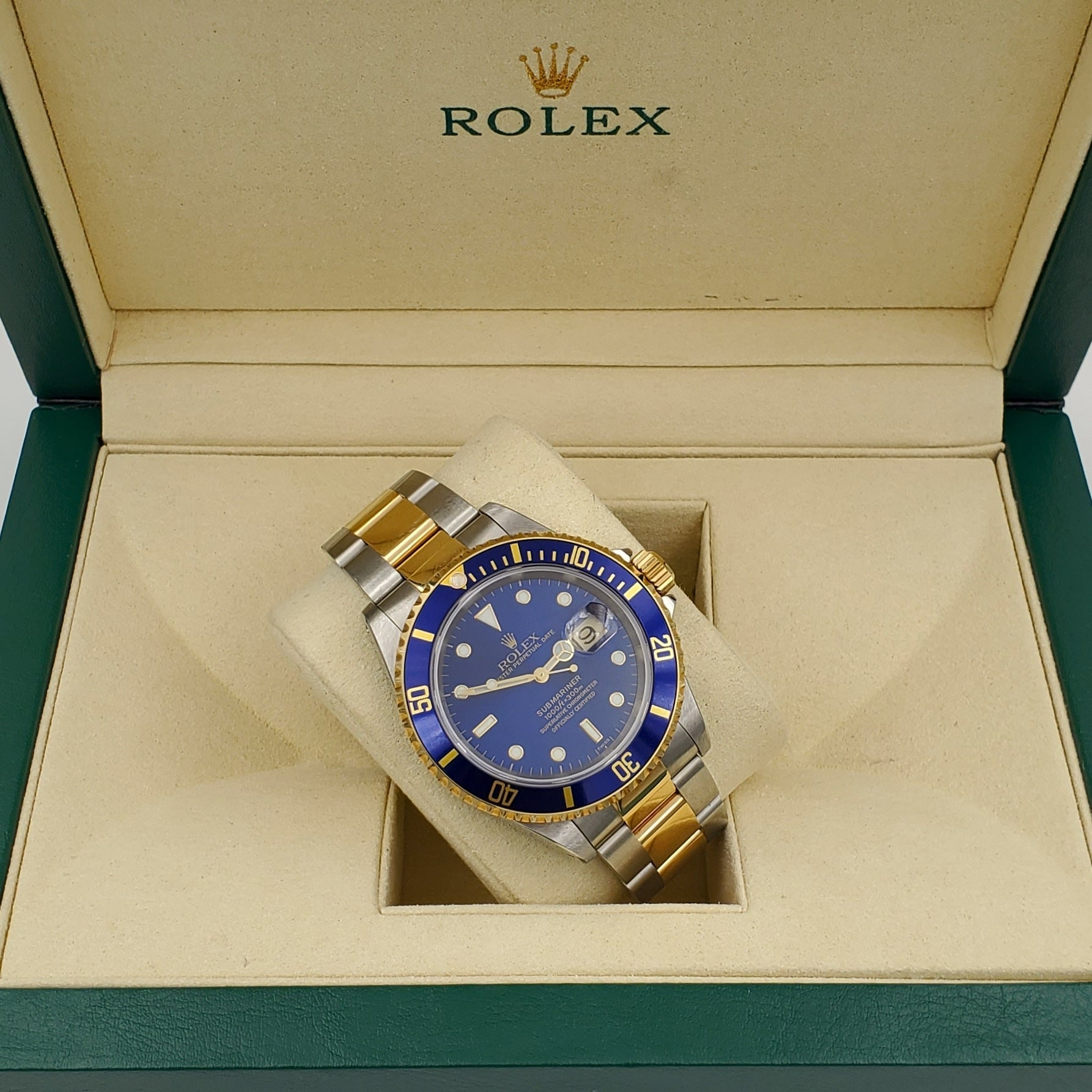 1999 Men's Rolex 40mm Submariner Oyster Perpetual Two Tone 18K Yellow Gold / Stainless Steel Wristwatch w/ Blue Dial & Blue Bezel. (UNWORN 16613)