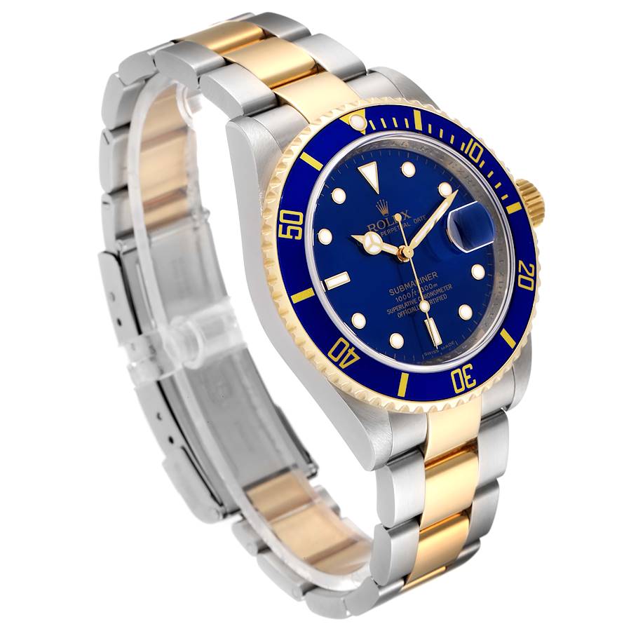 1999 Men's Rolex 40mm Submariner Oyster Perpetual Two Tone 18K Yellow Gold / Stainless Steel Wristwatch w/ Blue Dial & Blue Bezel. (UNWORN 16613)