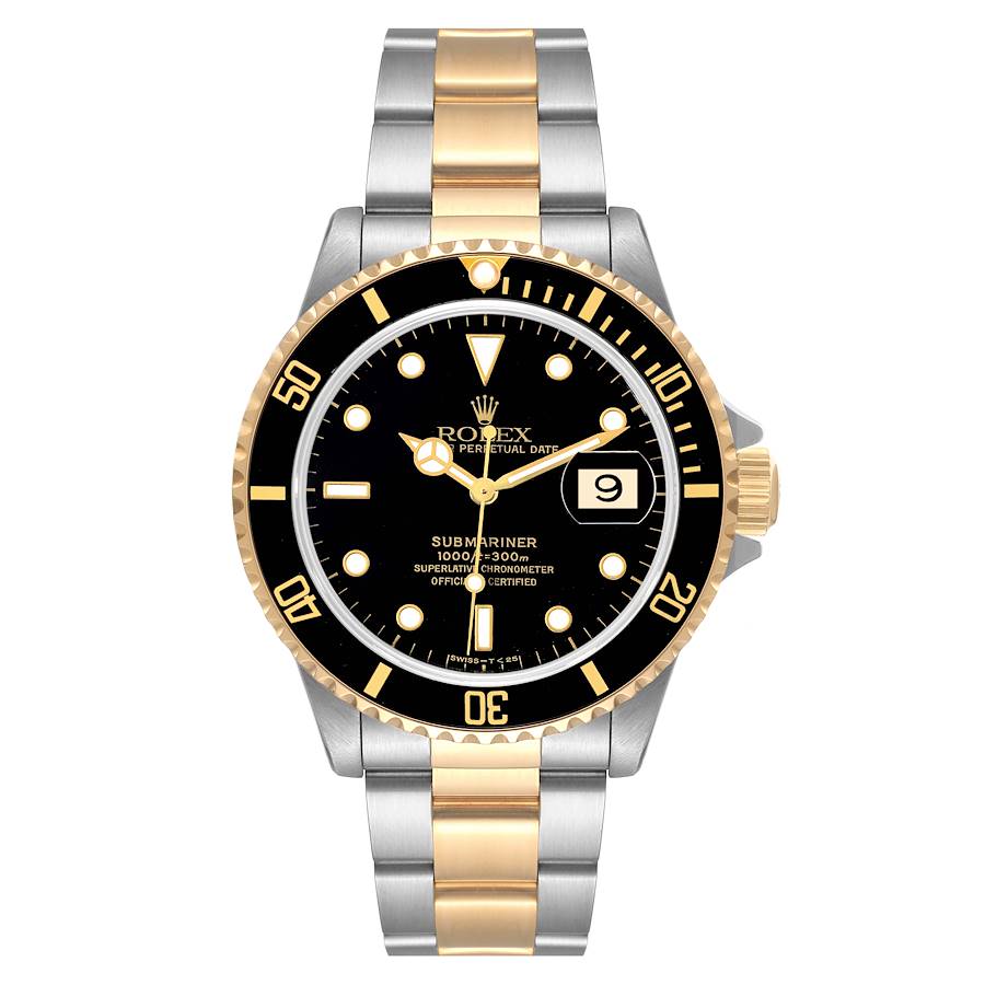 Men's Rolex 40mm Submariner Oyster Perpetual Two Tone 18K Yellow Gold / Stainless Steel Watch with Black Dial and Black Bezel. (Pre-Owned 16613)