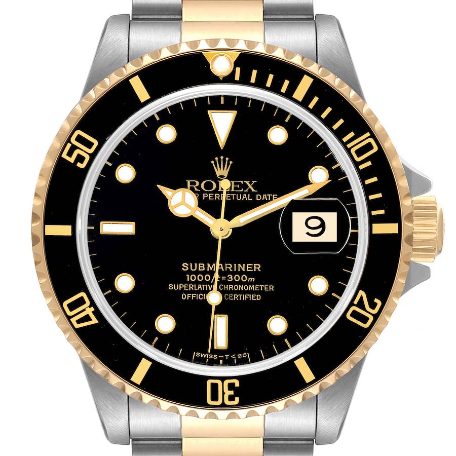 Men's Rolex 40mm Submariner Oyster Perpetual Two Tone 18K Yellow Gold / Stainless Steel Watch with Black Dial and Black Bezel. (Pre-Owned 16613)