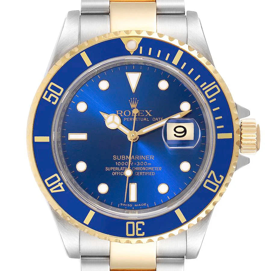 2014 Men's Rolex 40mm Submariner Oyster Perpetual Two Tone 18K Yellow Gold / Stainless Steel Watch with Blue Dial and Blue Bezel. (Pre-Owned 116613LB)