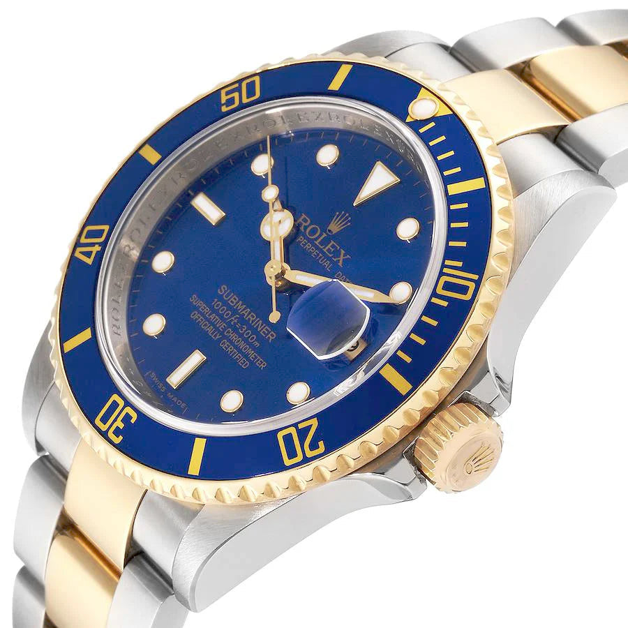 2014 Men's Rolex 40mm Submariner Oyster Perpetual Two Tone 18K Yellow Gold / Stainless Steel Watch with Blue Dial and Blue Bezel. (Pre-Owned 116613LB)