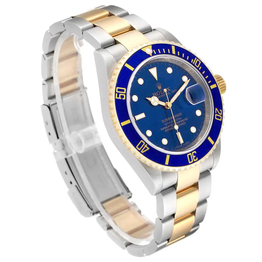 2014 Men's Rolex 40mm Submariner Oyster Perpetual Two Tone 18K Yellow Gold / Stainless Steel Watch with Blue Dial and Blue Bezel. (Pre-Owned 116613LB)