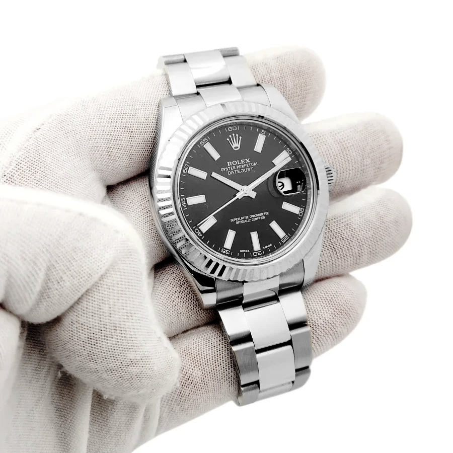 Men's Rolex 41mm DateJust Stainless Steel Watch with Black Dial and Fluted Bezel. (Pre-Owned 116334)