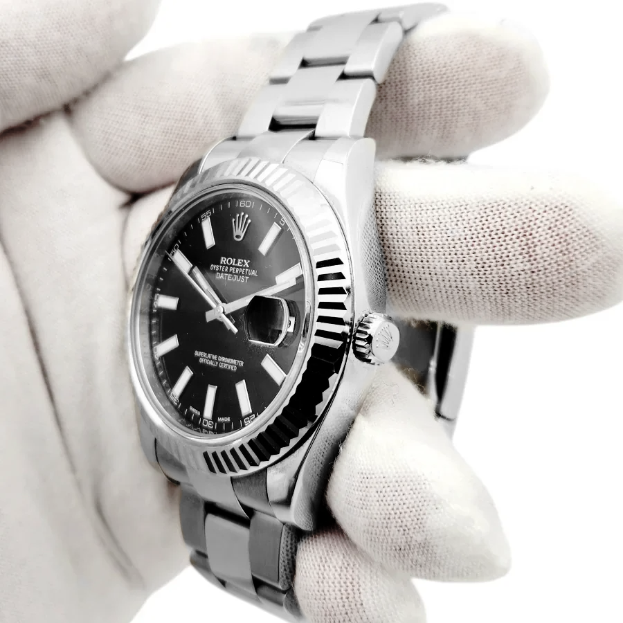 Men's Rolex 41mm DateJust Stainless Steel Watch with Black Dial and Fluted Bezel. (Pre-Owned 116334)