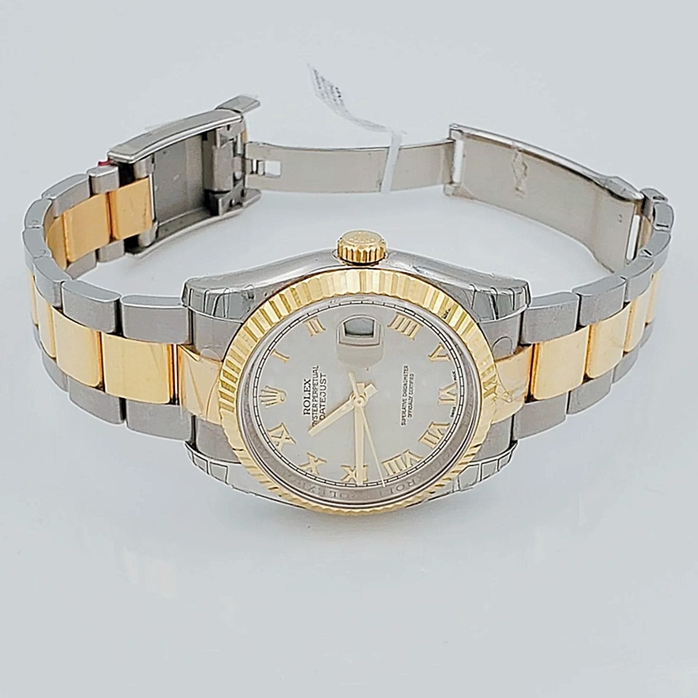 *Men's Rolex DateJust 36mm Oyster Perpetual Two Tone 18K Gold / Stainless Steel Band Watch with Egg Shell Dial and Fluted Bezel. (Pre-Owned 116203)