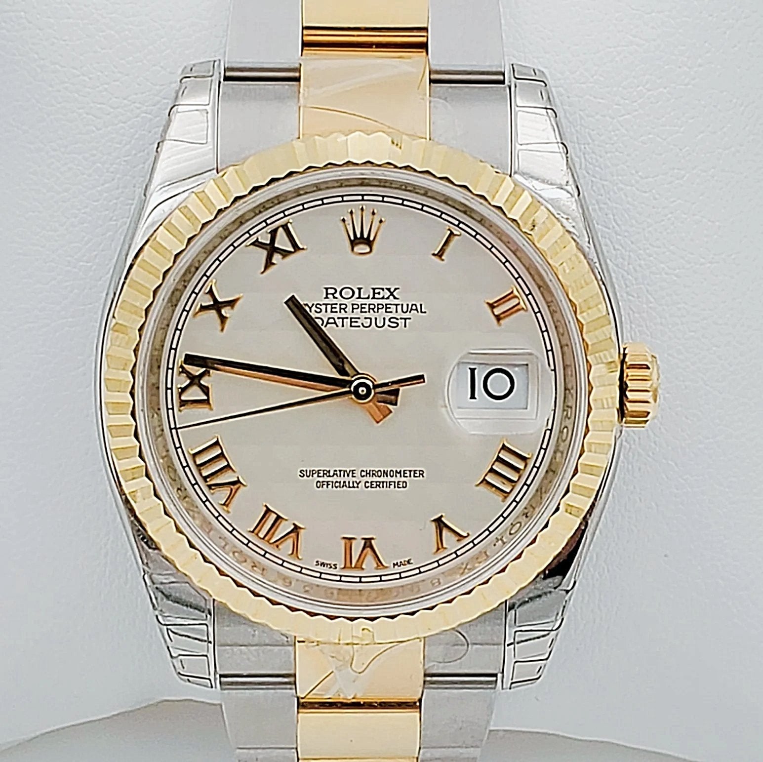 *Men's Rolex DateJust 36mm Oyster Perpetual Two Tone 18K Gold / Stainless Steel Band Watch with Egg Shell Dial and Fluted Bezel. (Pre-Owned 116203)