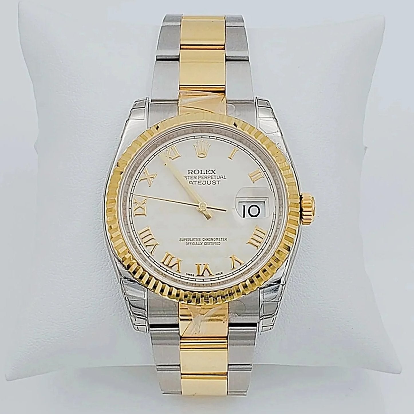 *Men's Rolex DateJust 36mm Oyster Perpetual Two Tone 18K Gold / Stainless Steel Band Watch with Egg Shell Dial and Fluted Bezel. (Pre-Owned 116203)