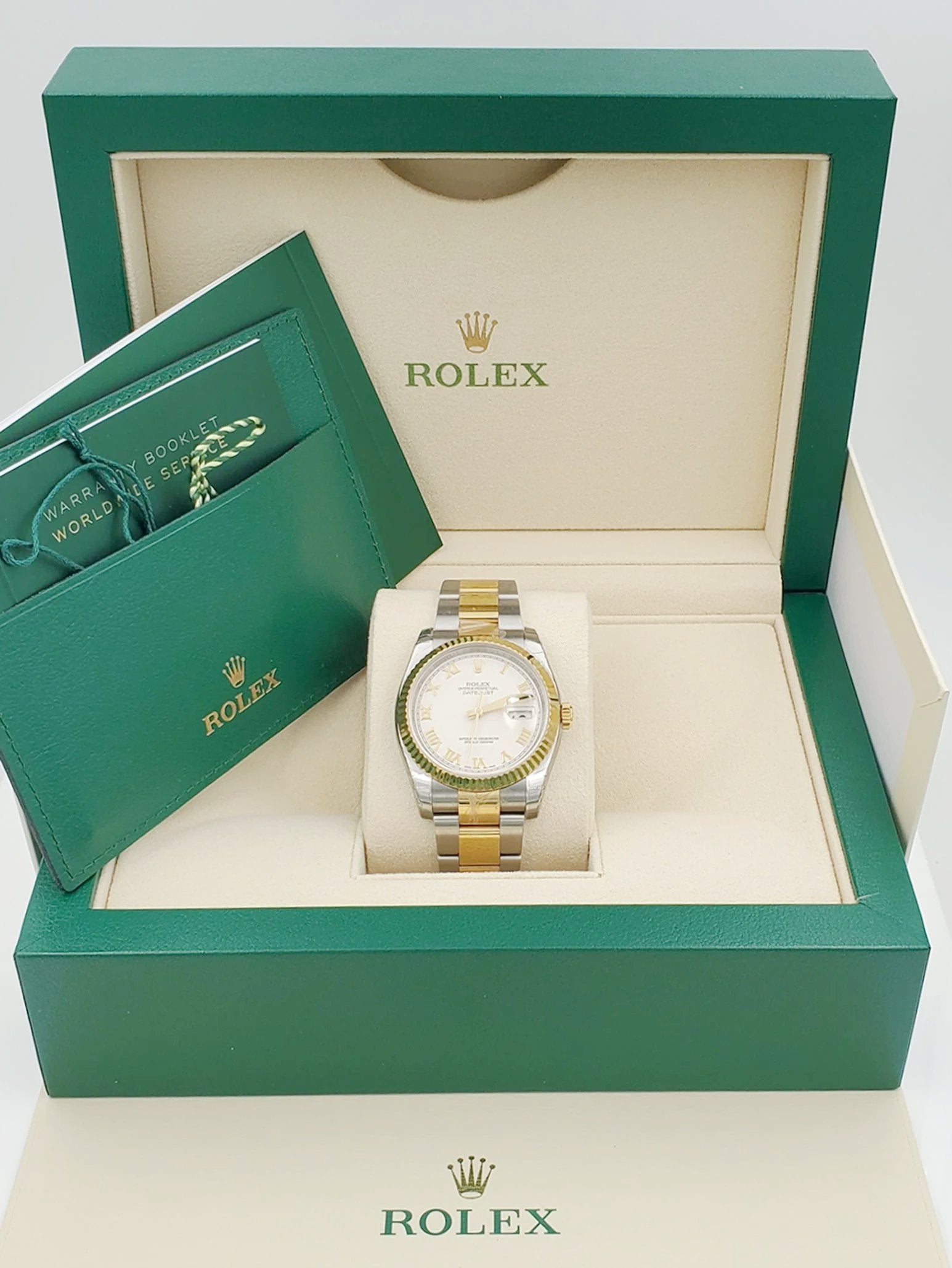 *Men's Rolex DateJust 36mm Oyster Perpetual Two Tone 18K Gold / Stainless Steel Band Watch with Egg Shell Dial and Fluted Bezel. (Pre-Owned 116203)