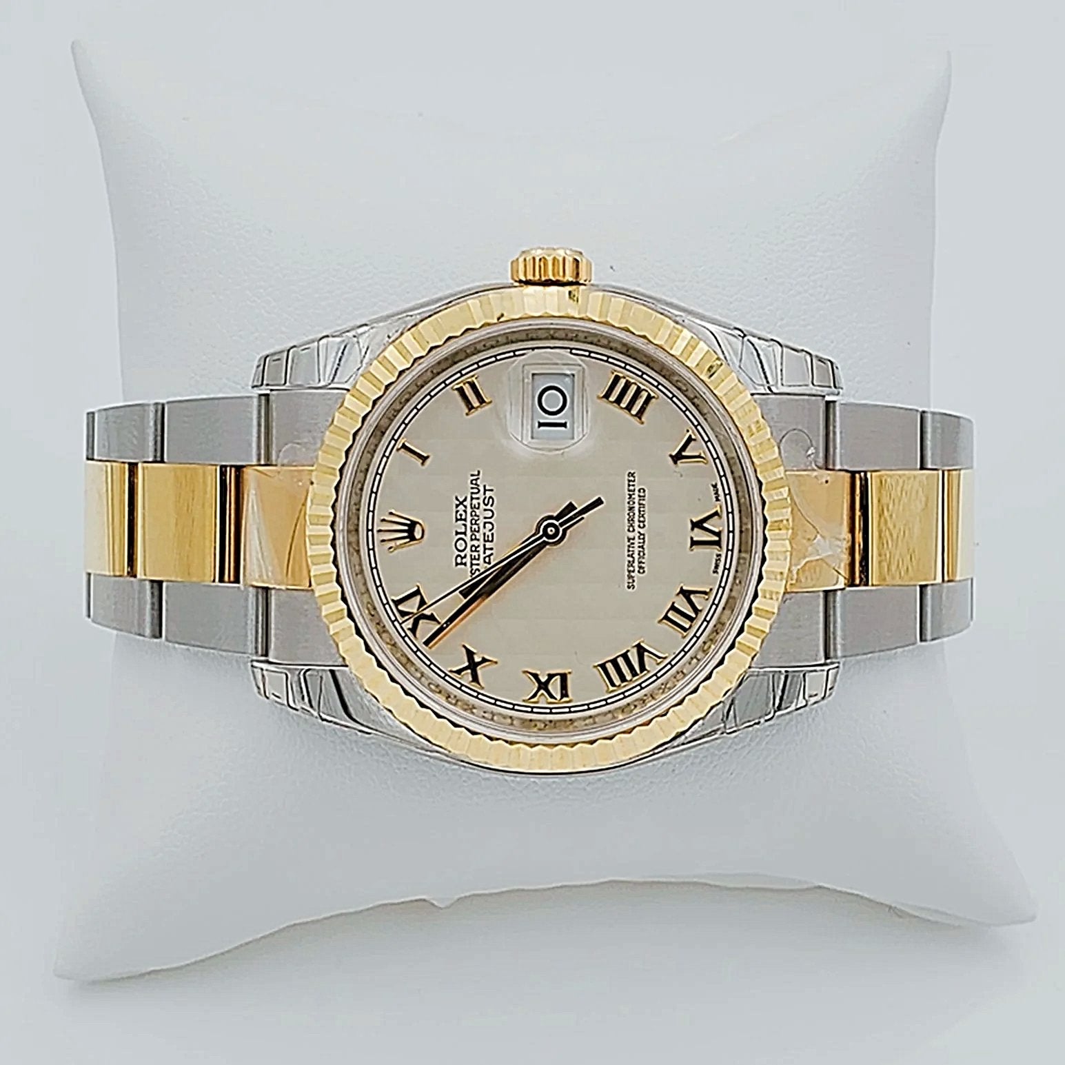 *Men's Rolex DateJust 36mm Oyster Perpetual Two Tone 18K Gold / Stainless Steel Band Watch with Egg Shell Dial and Fluted Bezel. (Pre-Owned 116203)