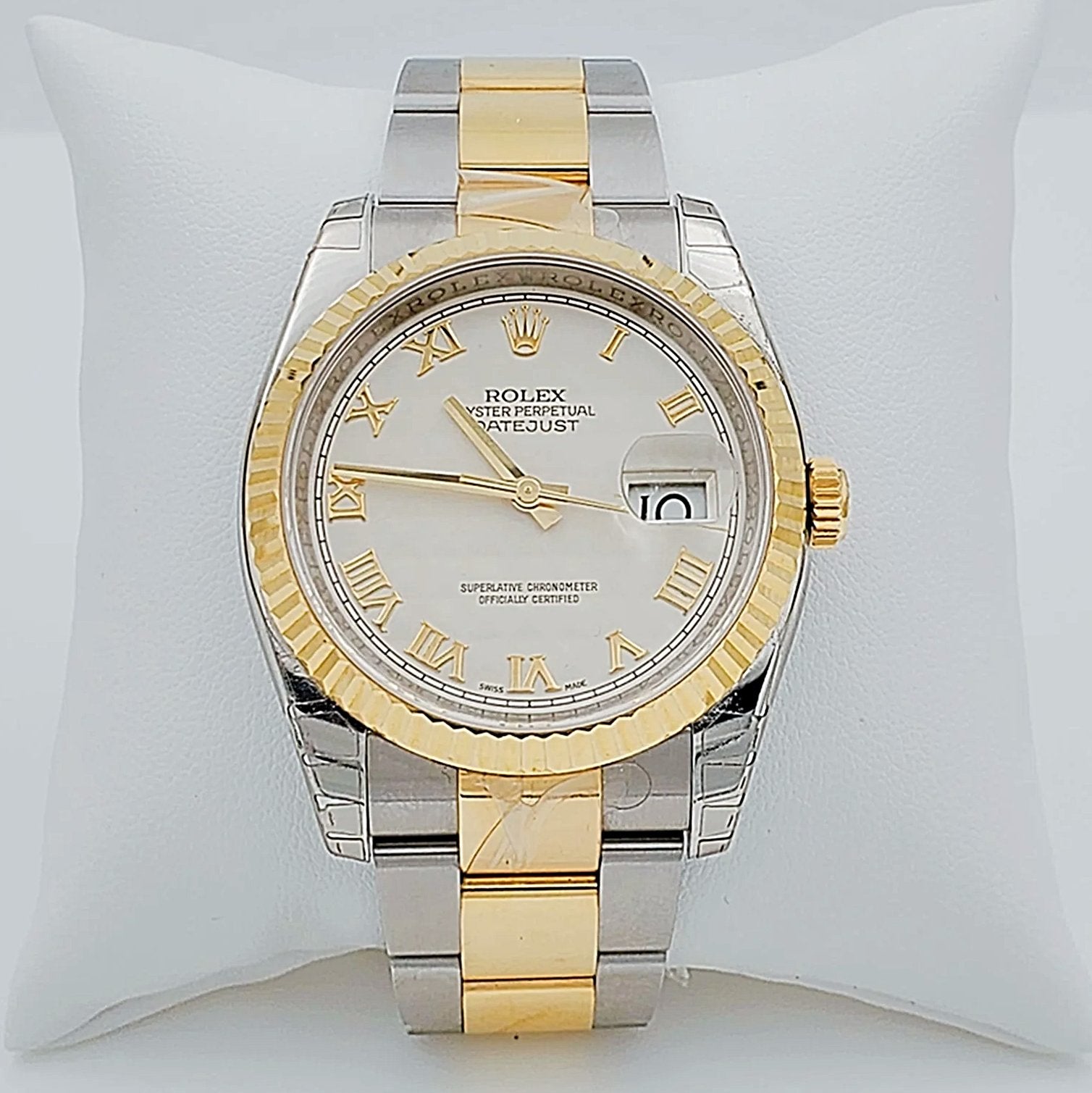 *Men's Rolex DateJust 36mm Oyster Perpetual Two Tone 18K Gold / Stainless Steel Band Watch with Egg Shell Dial and Fluted Bezel. (Pre-Owned 116203)