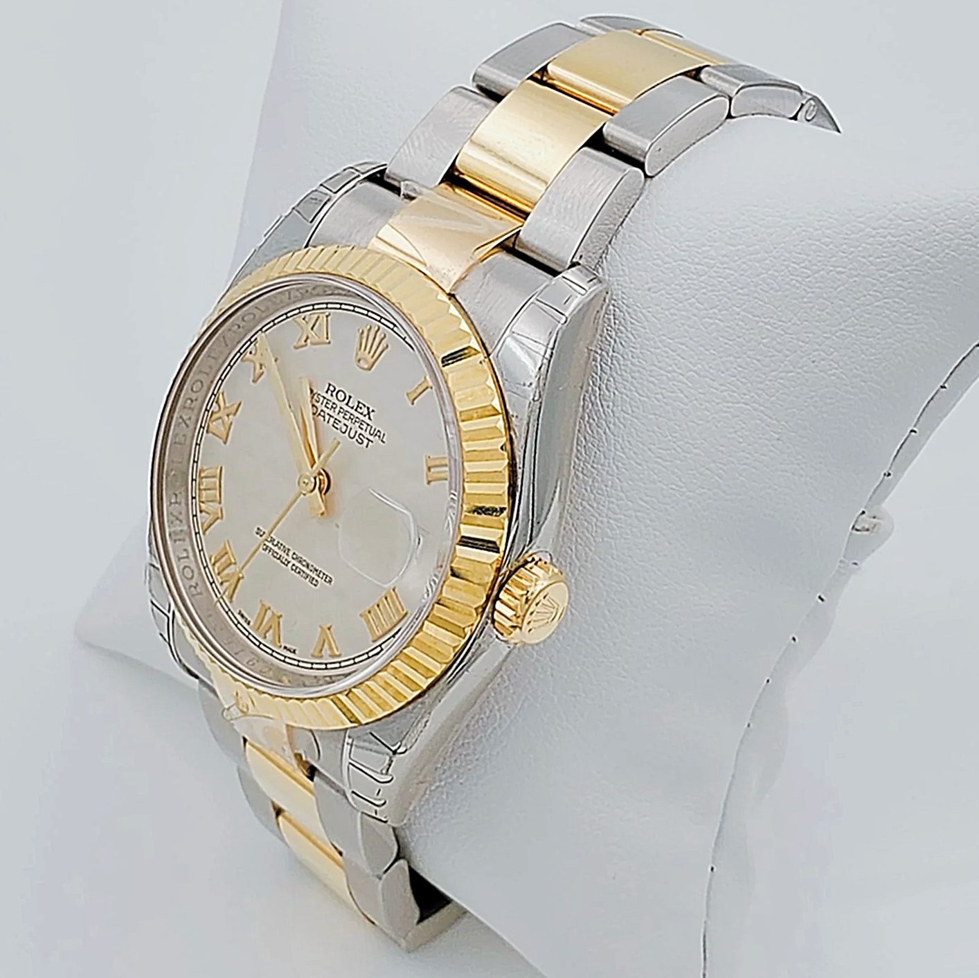 *Men's Rolex DateJust 36mm Oyster Perpetual Two Tone 18K Gold / Stainless Steel Band Watch with Egg Shell Dial and Fluted Bezel. (Pre-Owned 116203)