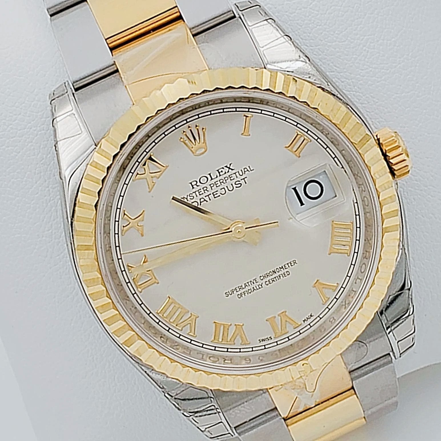 *Men's Rolex DateJust 36mm Oyster Perpetual Two Tone 18K Gold / Stainless Steel Band Watch with Egg Shell Dial and Fluted Bezel. (Pre-Owned 116203)