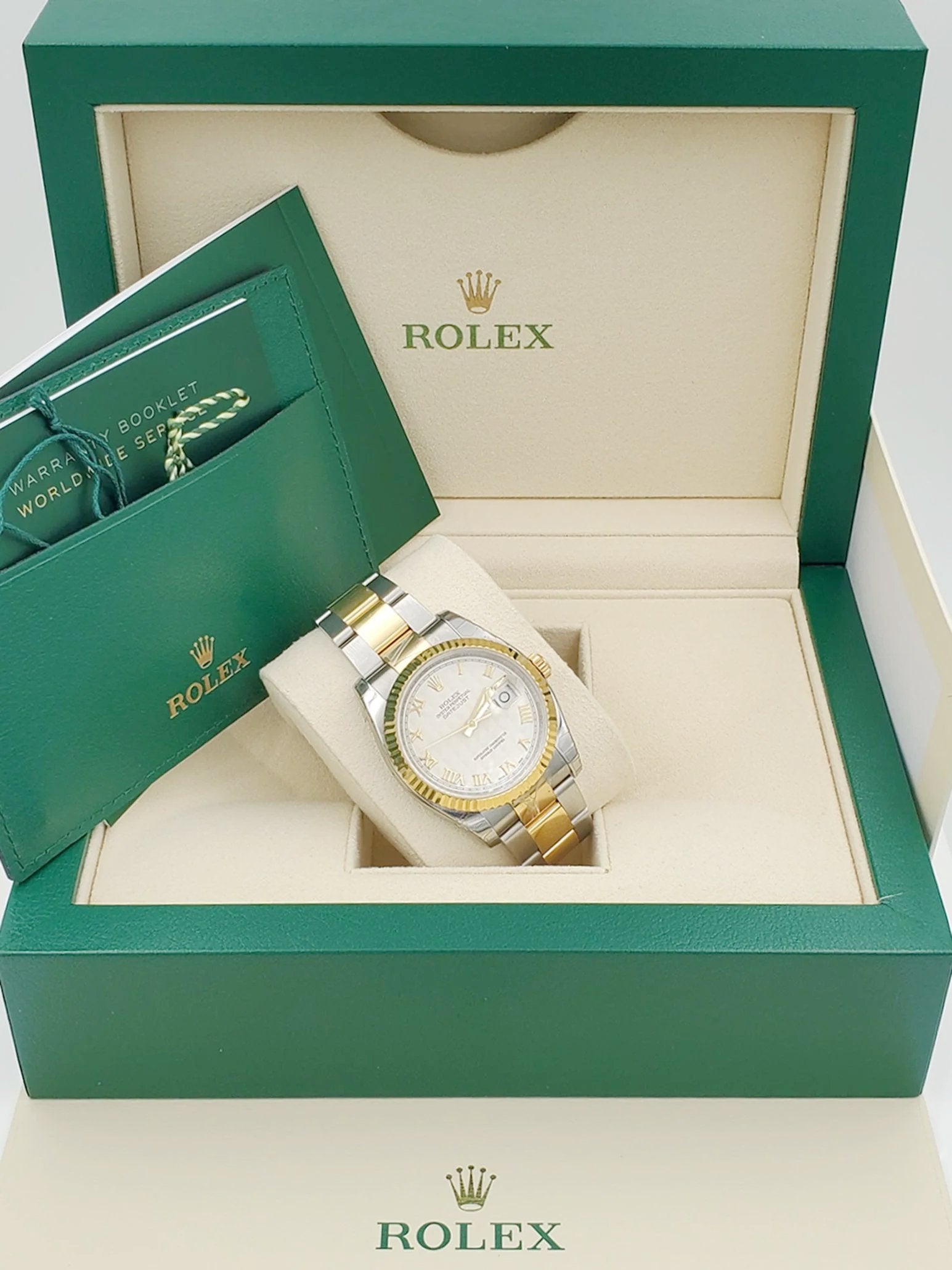 *Men's Rolex DateJust 36mm Oyster Perpetual Two Tone 18K Gold / Stainless Steel Band Watch with Egg Shell Dial and Fluted Bezel. (Pre-Owned 116203)