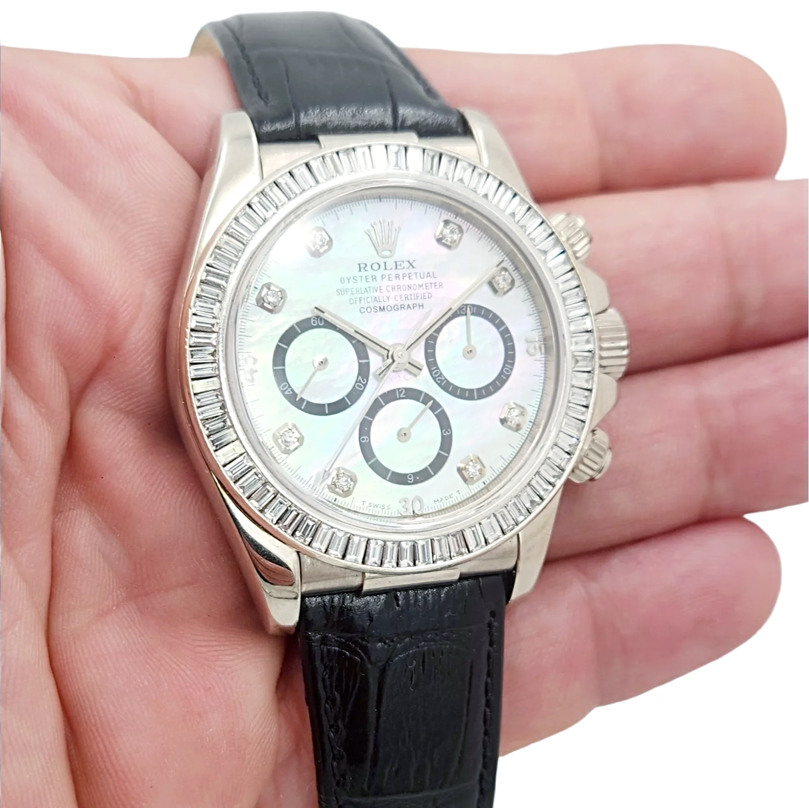 Men's Rolex Daytona  40mm Leather Band Watch with Mother of Pearl Diamond Dial and Diamond Bezel. (Pre-Owned 116518)