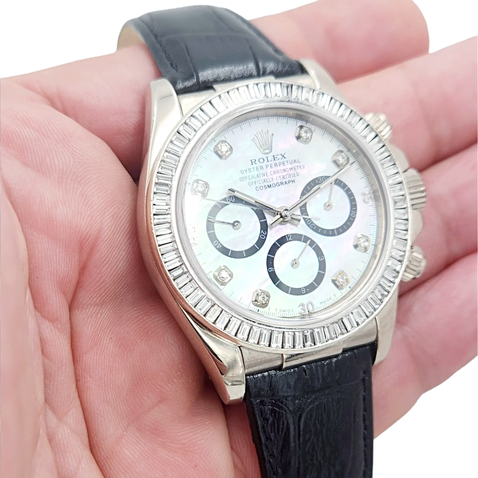 Men's Rolex Daytona  40mm Leather Band Watch with Mother of Pearl Diamond Dial and Diamond Bezel. (Pre-Owned 116518)