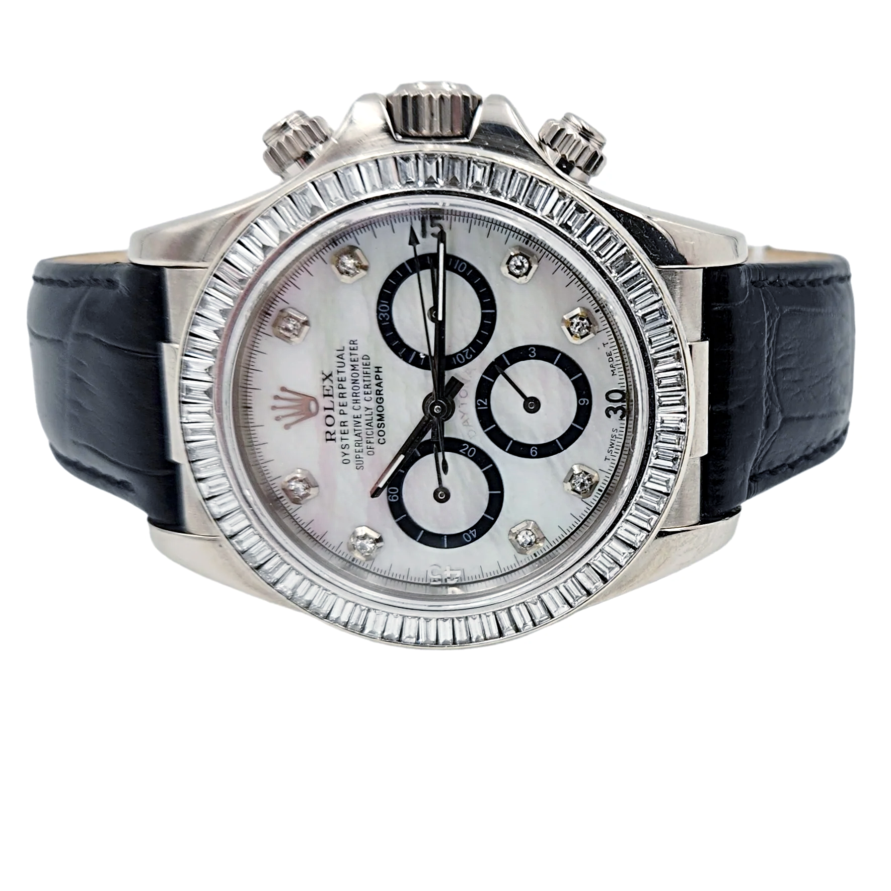 Men's Rolex Daytona  40mm Leather Band Watch with Mother of Pearl Diamond Dial and Diamond Bezel. (Pre-Owned 116518)