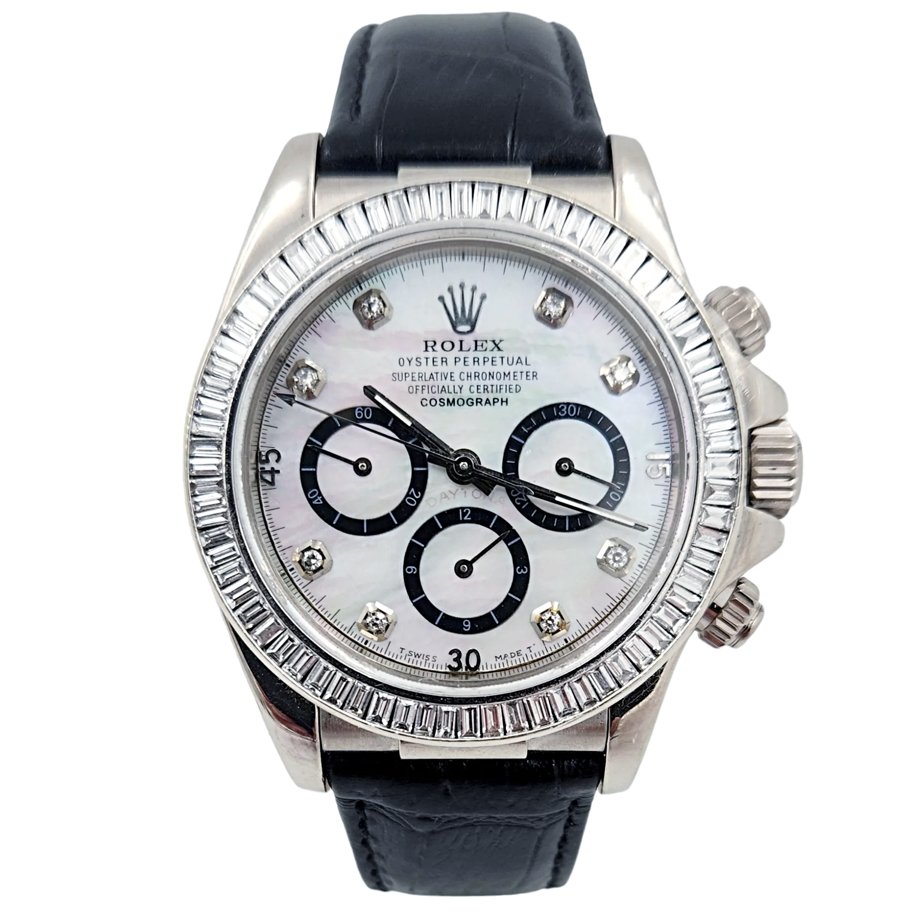 Men's Rolex Daytona  40mm Leather Band Watch with Mother of Pearl Diamond Dial and Diamond Bezel. 116518