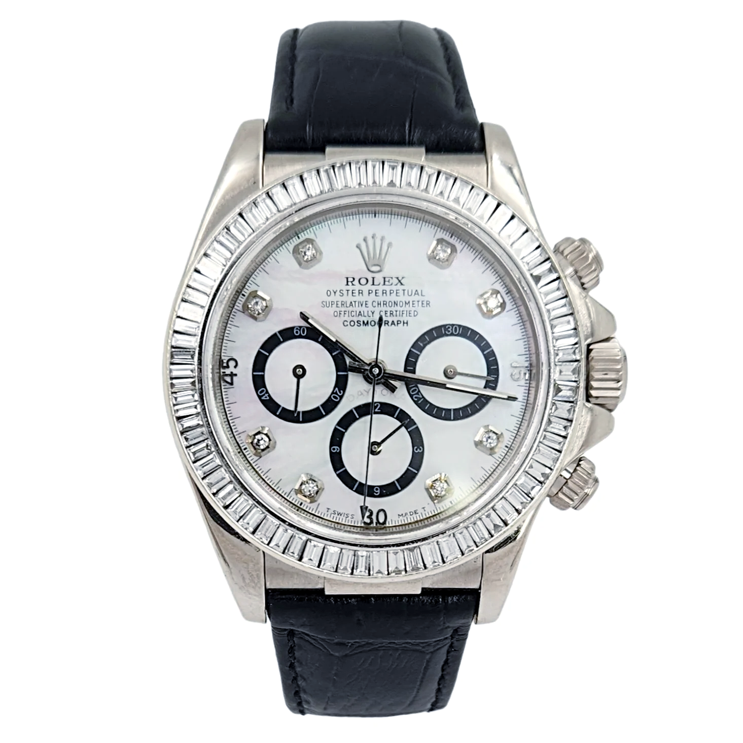 Men's Rolex Daytona  40mm Leather Band Watch with Mother of Pearl Diamond Dial and Diamond Bezel. (Pre-Owned 116518)