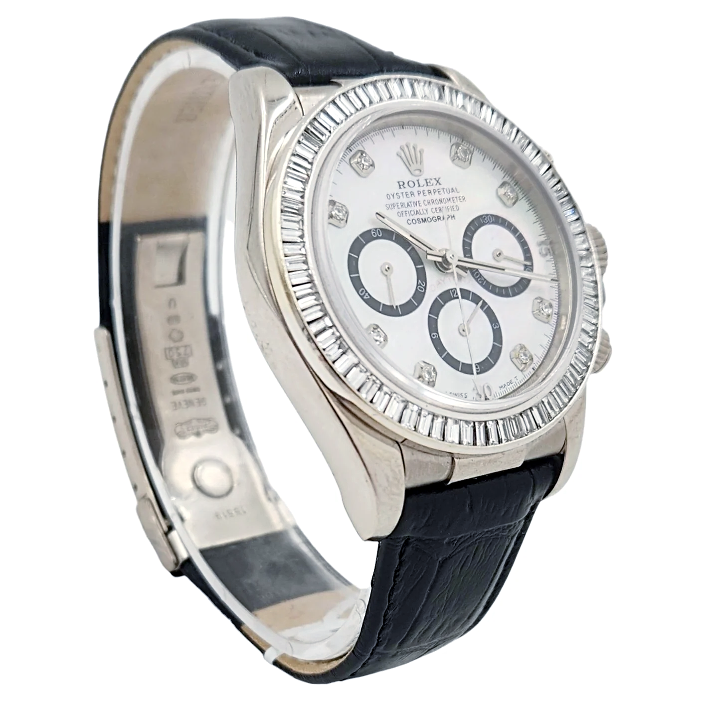 Men's Rolex Daytona  40mm Leather Band Watch with Mother of Pearl Diamond Dial and Diamond Bezel. (Pre-Owned 116518)