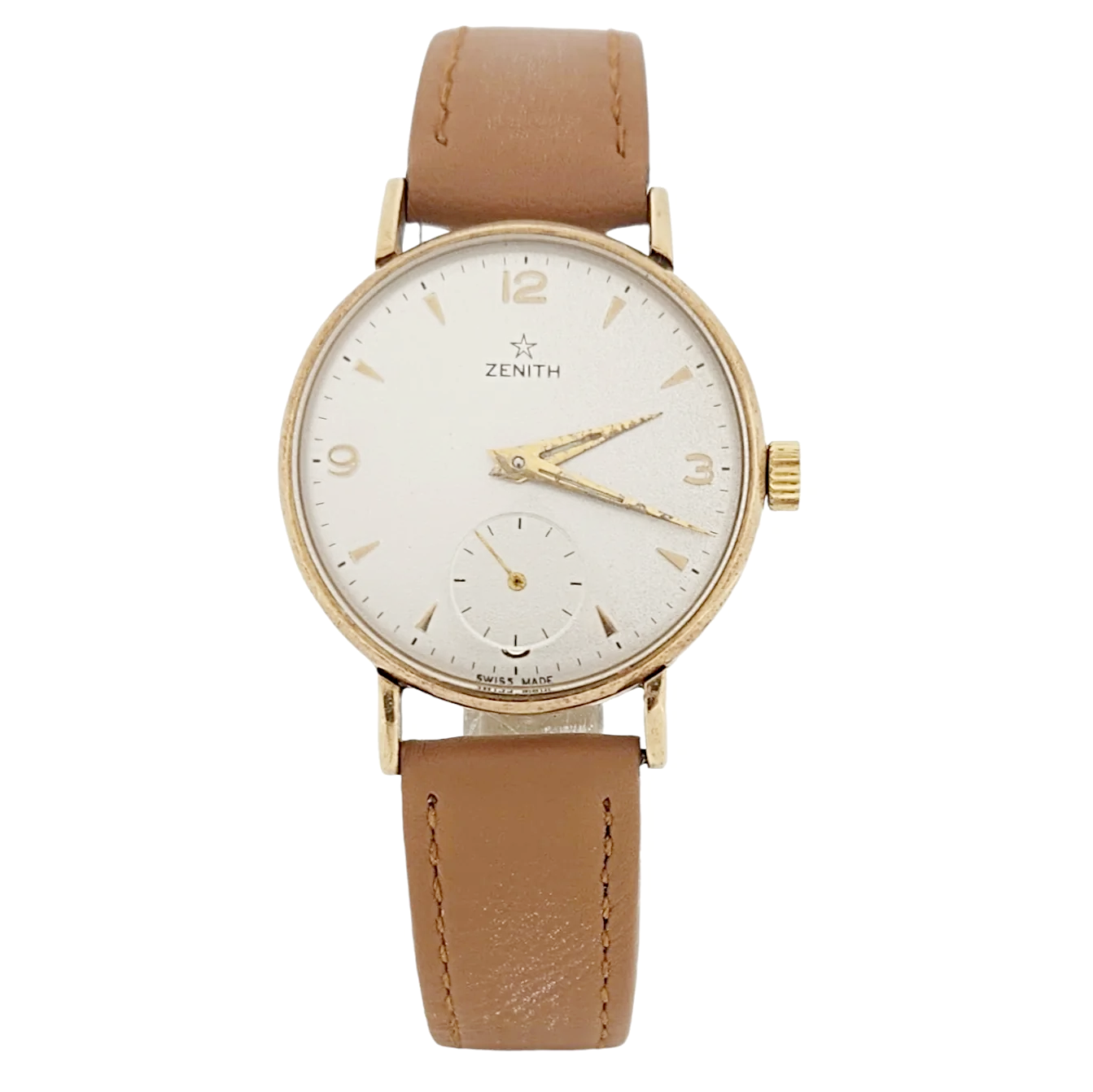 Men's Zenith Stellina 32mm Vintage 10K Yellow Gold Automatic Watch with Brown Leather Strap and Silver Dial. 