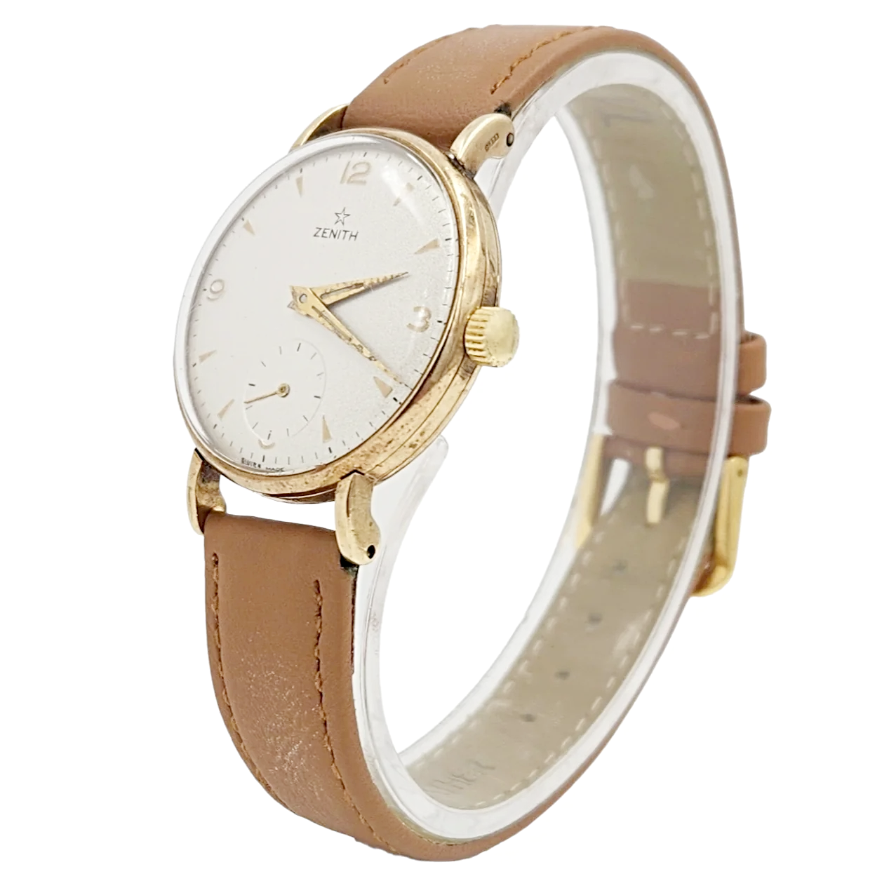 Men's Zenith Stellina 32mm Vintage 10K Yellow Gold Automatic Watch with Brown Leather Strap and Silver Dial. (Pre-Owned)