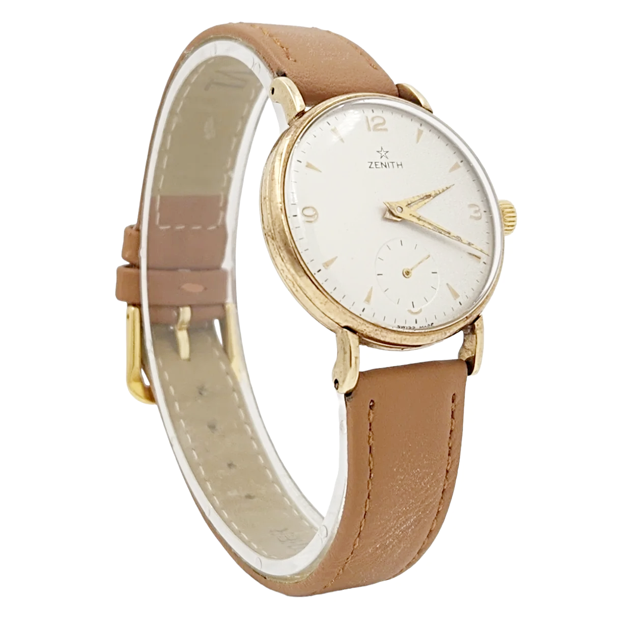 Men's Zenith Stellina 32mm Vintage 10K Yellow Gold Automatic Watch with Brown Leather Strap and Silver Dial. (Pre-Owned)