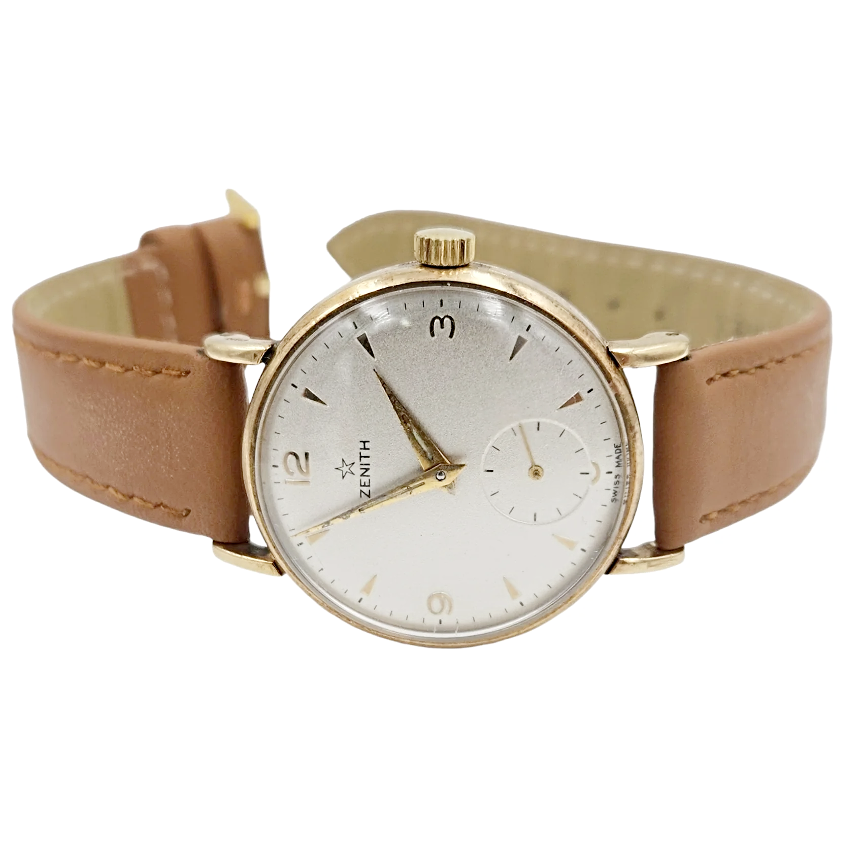 Men's Zenith Stellina 32mm Vintage 10K Yellow Gold Automatic Watch with Brown Leather Strap and Silver Dial. (Pre-Owned)