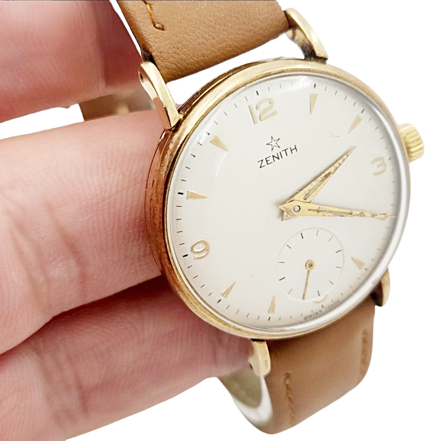 Men's Zenith Stellina 32mm Vintage 10K Yellow Gold Automatic Watch with Brown Leather Strap and Silver Dial. (Pre-Owned)