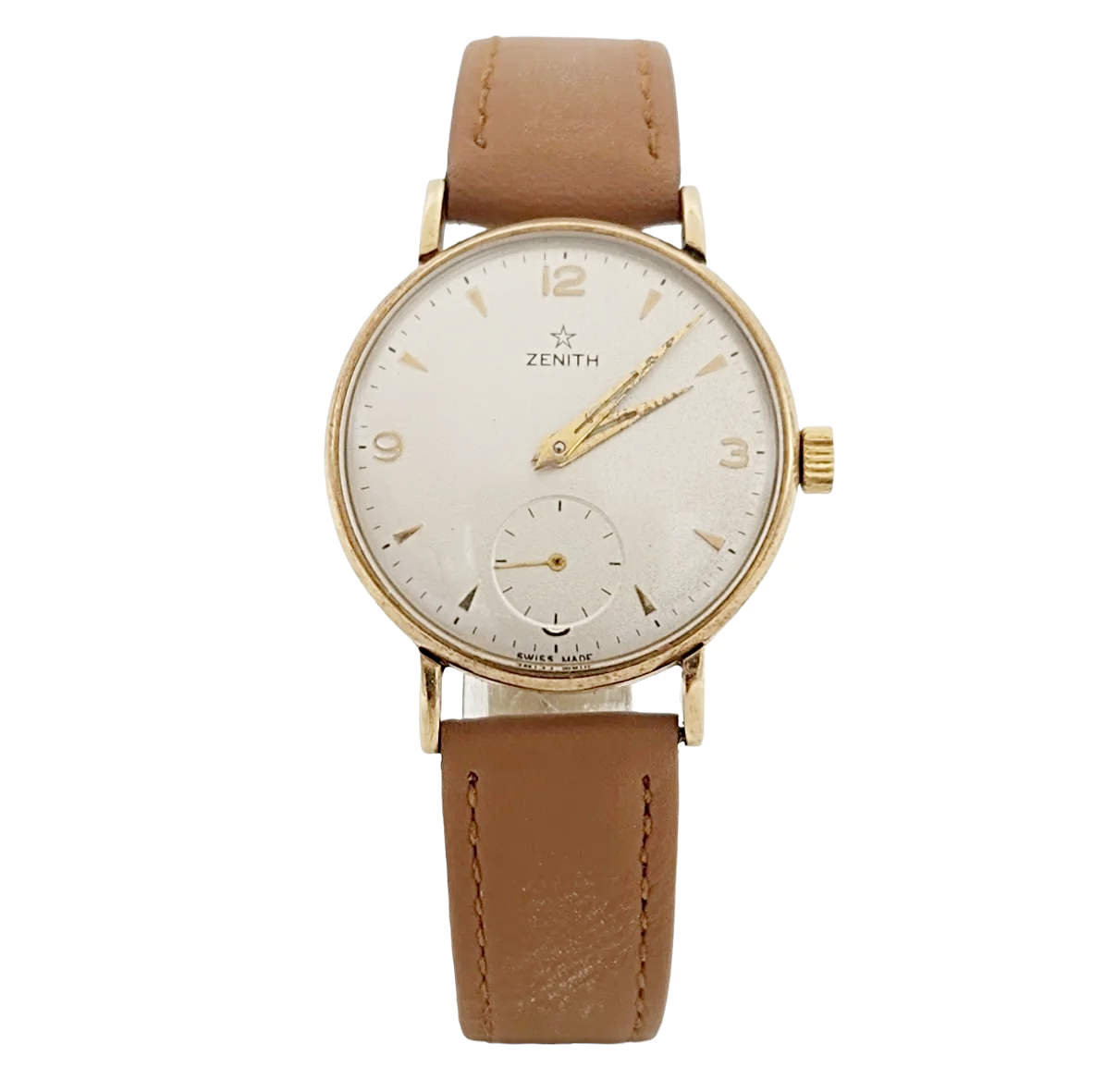 Men's Zenith Stellina 32mm Vintage 10K Yellow Gold Automatic Watch with Brown Leather Strap and Silver Dial. (Pre-Owned)