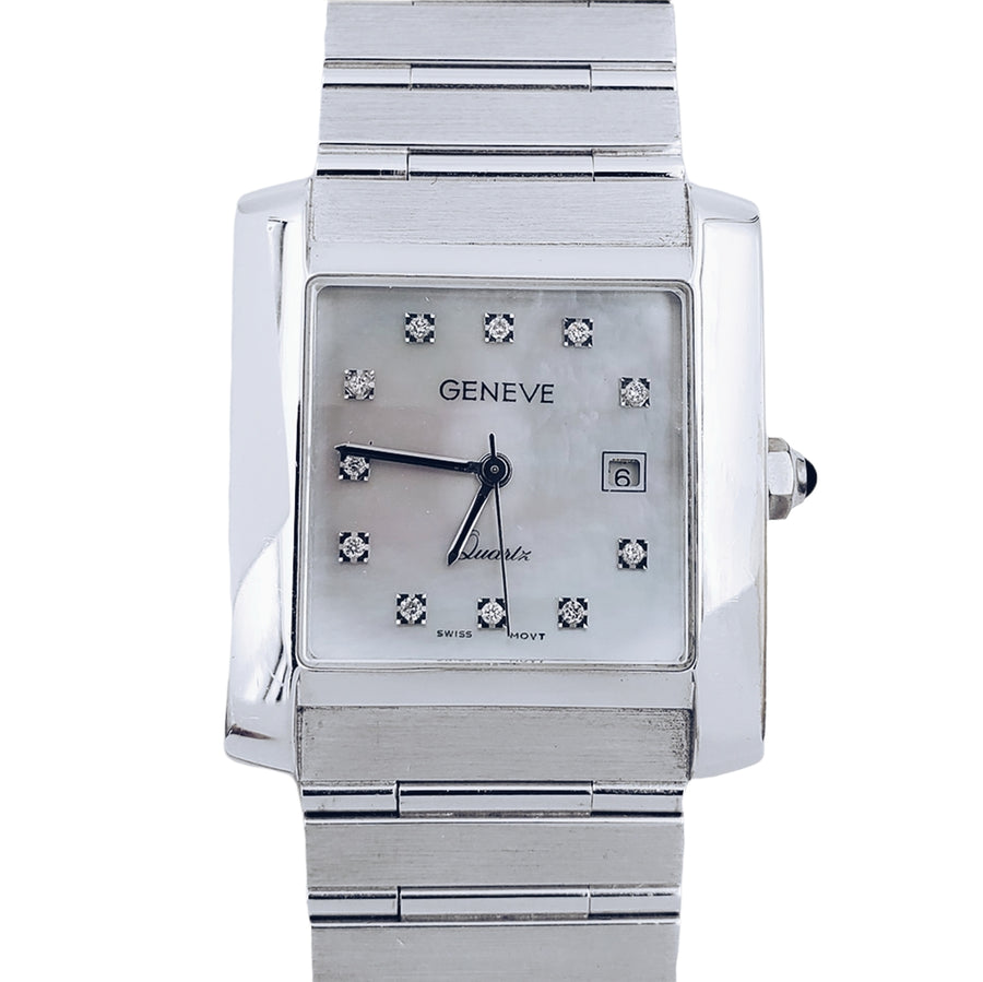 Unisex Geneve 14K White Gold Wristwatch with Mother of Pearl Diamond Dial. (Pre-Owned)