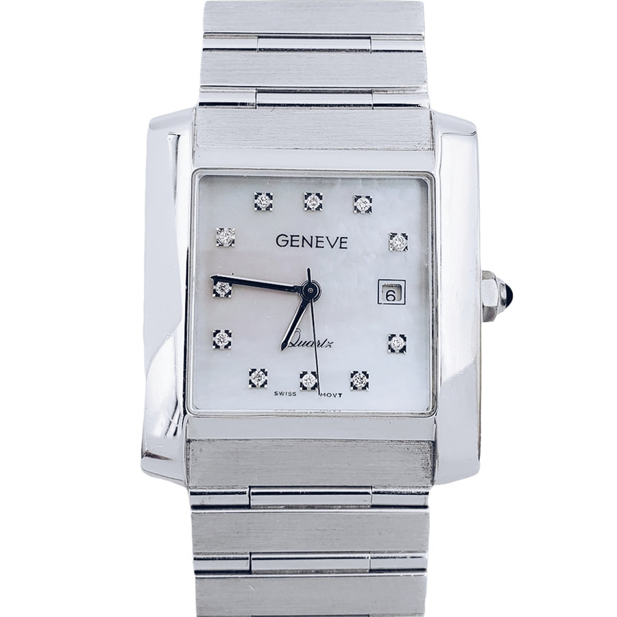 Unisex Geneve 14K White Gold Wristwatch with Mother of Pearl Diamond Dial. (Pre-Owned)