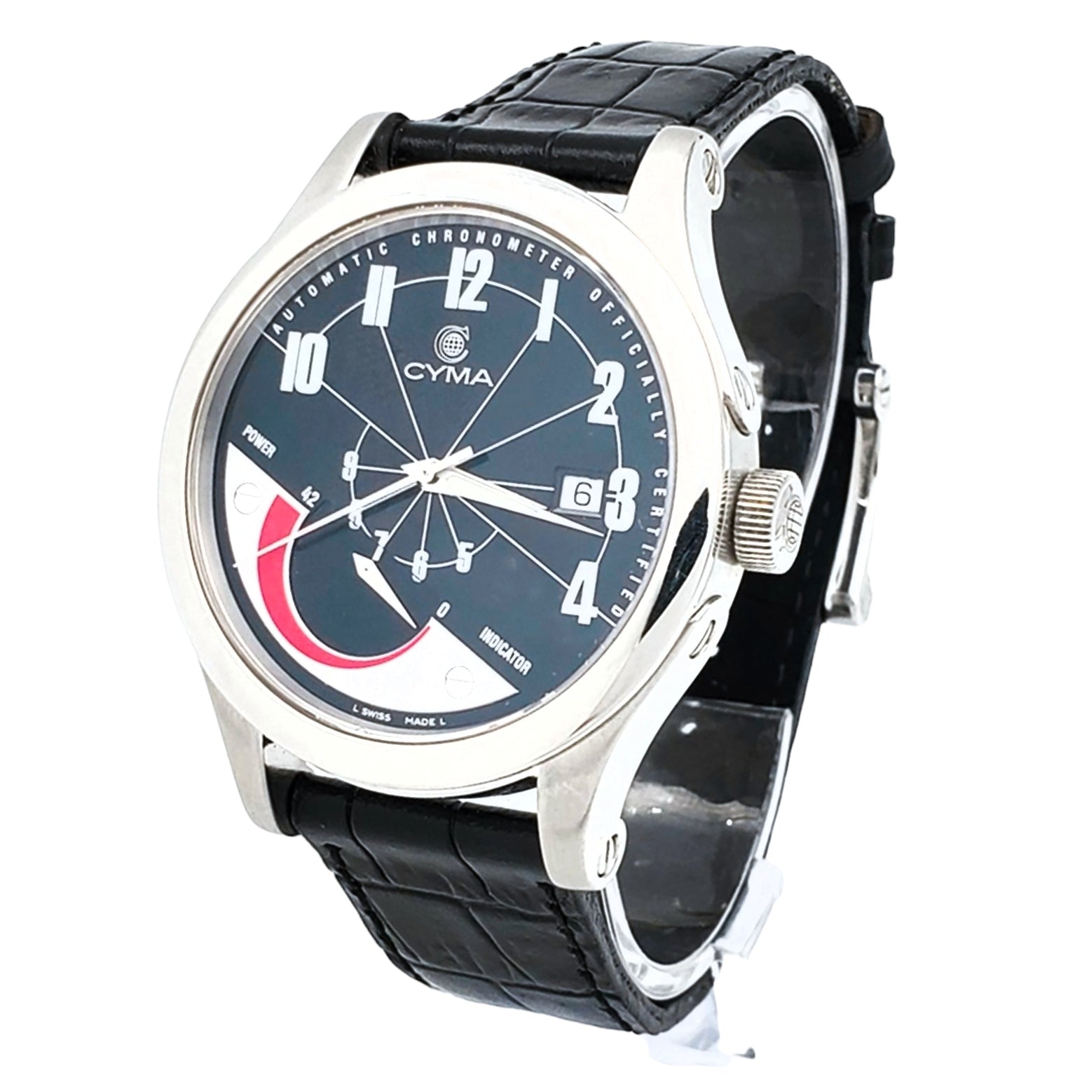 Men's CYMA Chronometer 40mm Imperium XL Stainless Steel Wristwatch with Black Leather & Black Dial. (Pre-Owned)