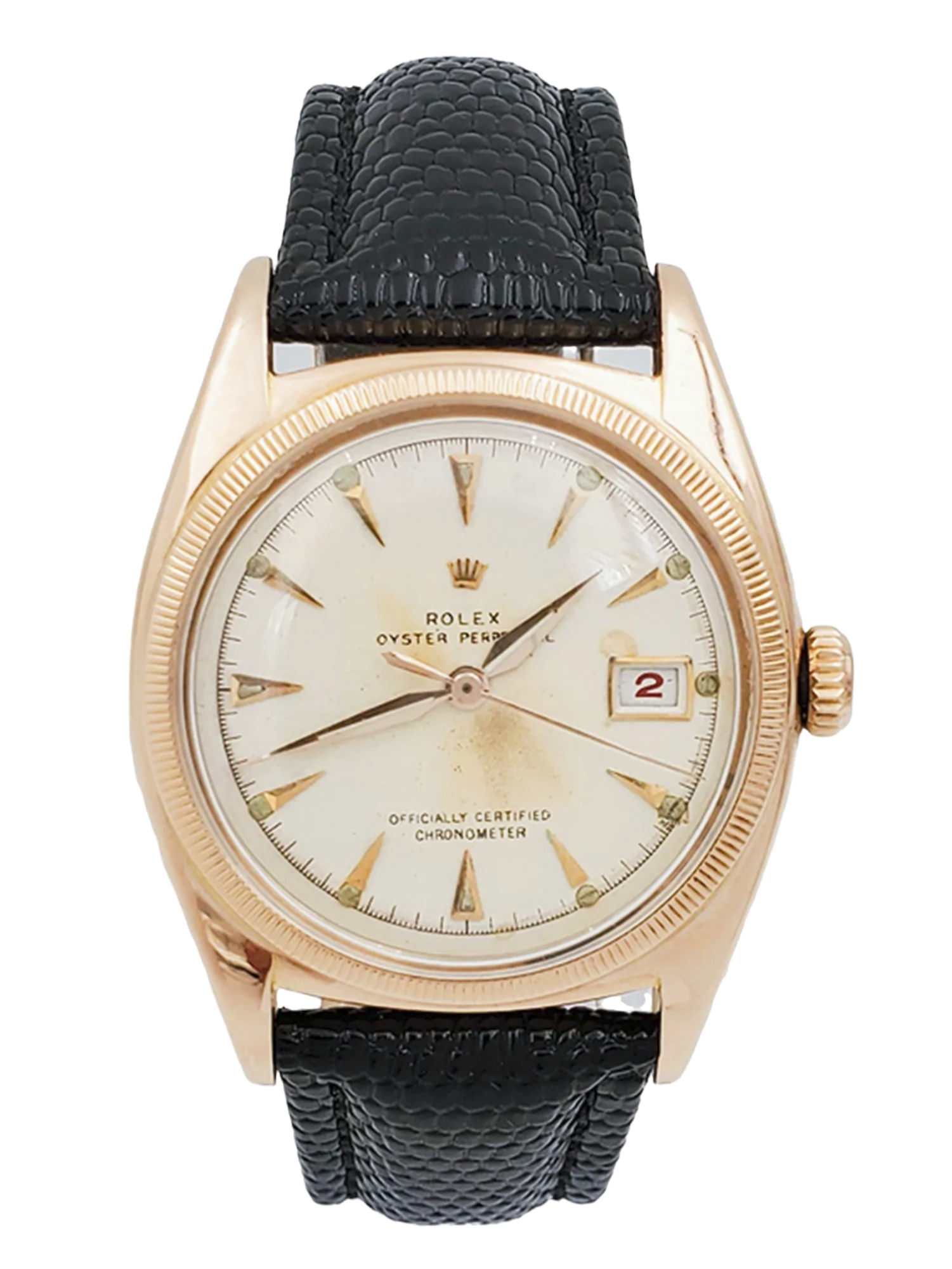 Men's Rolex 36mm Vintage 1950 Bubbleback Oyster Perpetual Rose Gold Wristwatch w/ Cream Dial & Black Leather Strap. (Pre-Owned 6075)