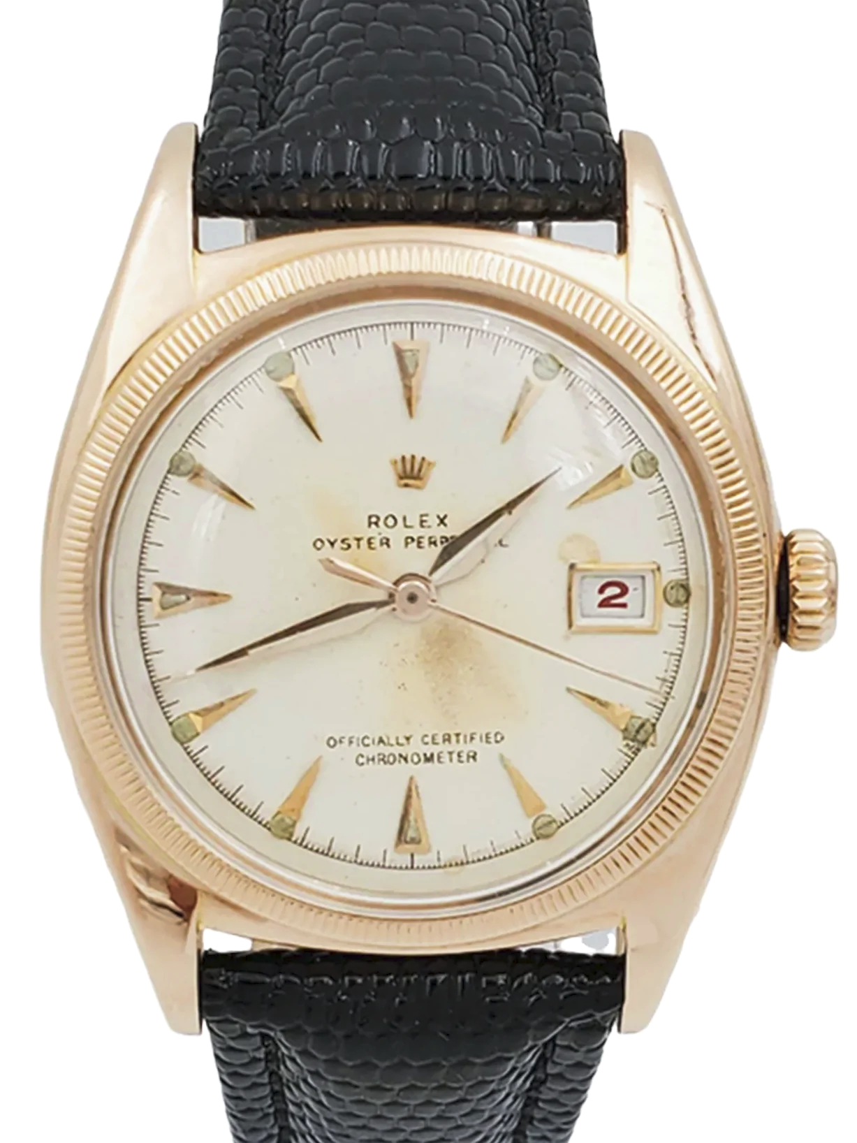 Men's Rolex 36mm Vintage 1950 Bubbleback Oyster Perpetual Rose Gold Wristwatch w/ Cream Dial & Black Leather Strap. (Pre-Owned 6075)