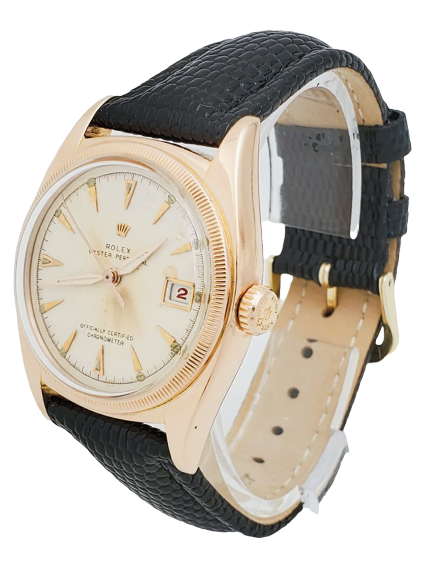 Men's Rolex 36mm Vintage 1950 Bubbleback Oyster Perpetual Rose Gold Wristwatch w/ Cream Dial & Black Leather Strap. (Pre-Owned 6075)