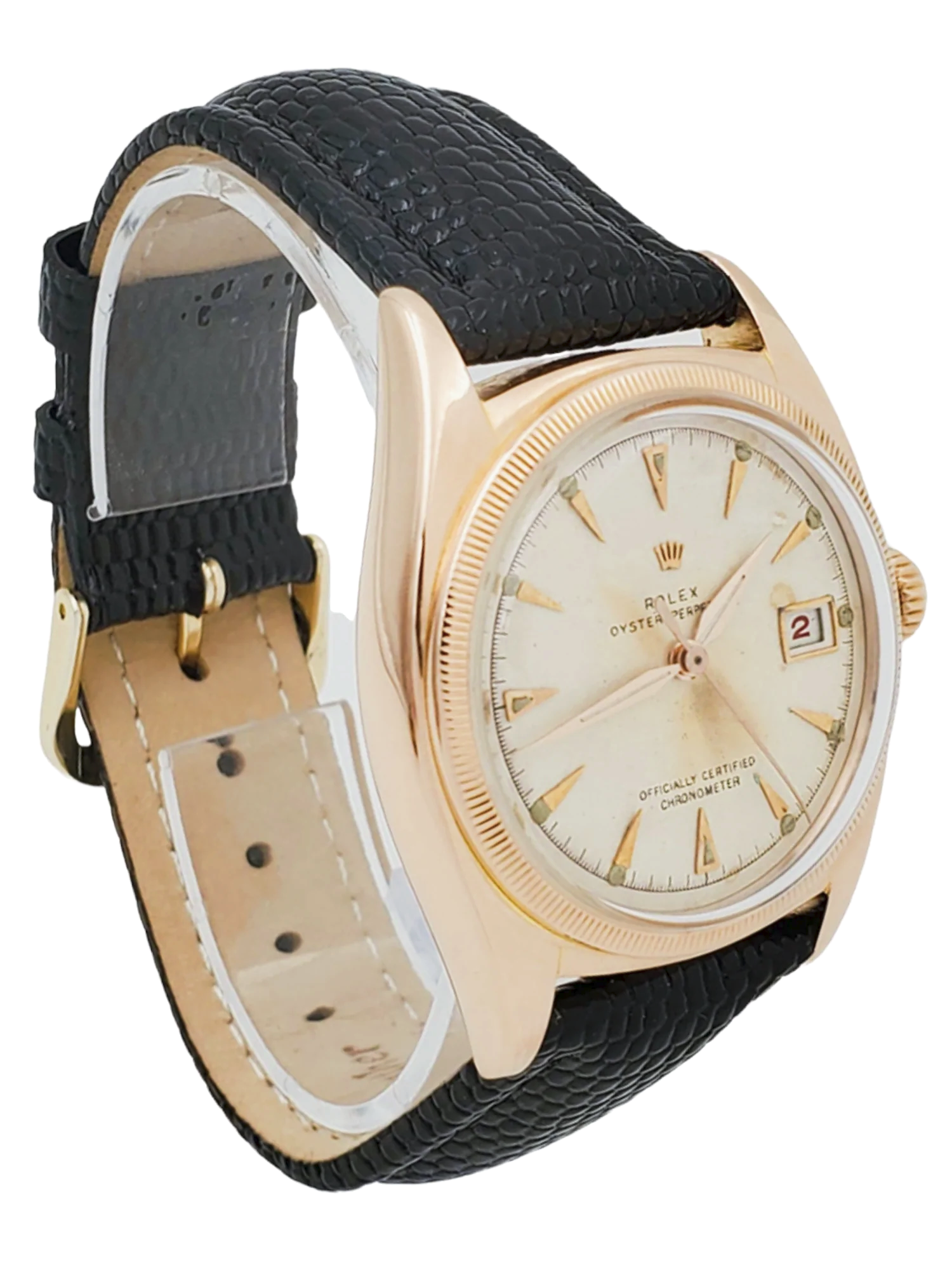 Men's Rolex 36mm Vintage 1950 Bubbleback Oyster Perpetual Rose Gold Wristwatch w/ Cream Dial & Black Leather Strap. (Pre-Owned 6075)