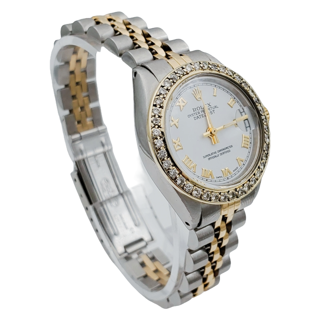 Ladies Rolex 26mm DateJust Two Tone 18K Yellow Gold / Stainless Steel Wristwatch w/ White Dial & Diamond Bezel. (Pre-Owned 6917)