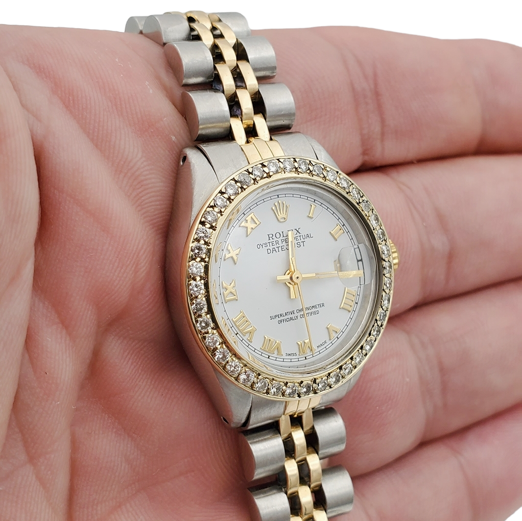 Ladies Rolex 26mm DateJust Two Tone 18K Yellow Gold / Stainless Steel Wristwatch w/ White Dial & Diamond Bezel. (Pre-Owned 6917)