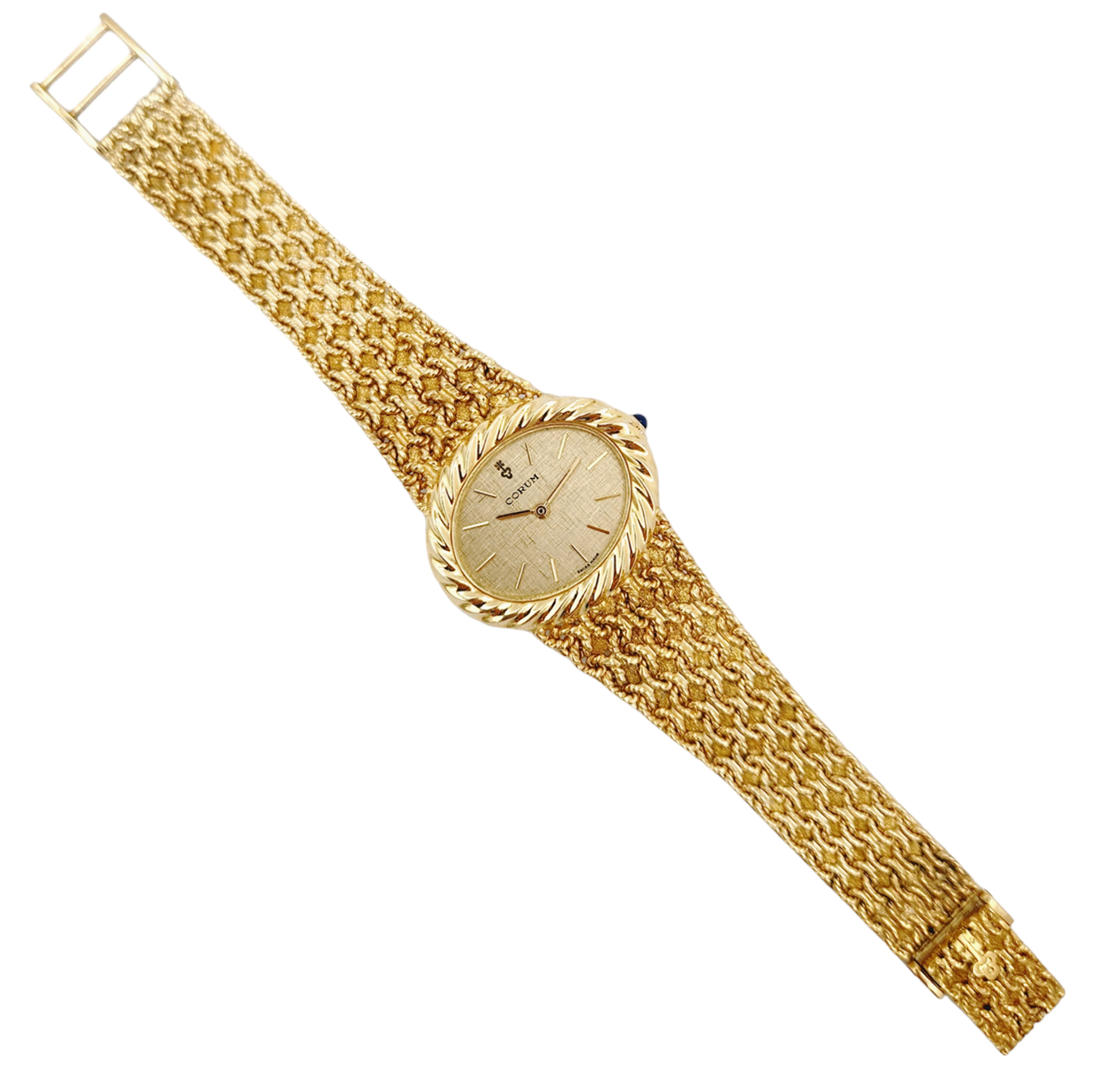 Ladies Corum 26mm x 30mm Oval Vintage 18K Yellow Gold Watch with Gold Dial and Weave Bezel. (Pre-Owned)