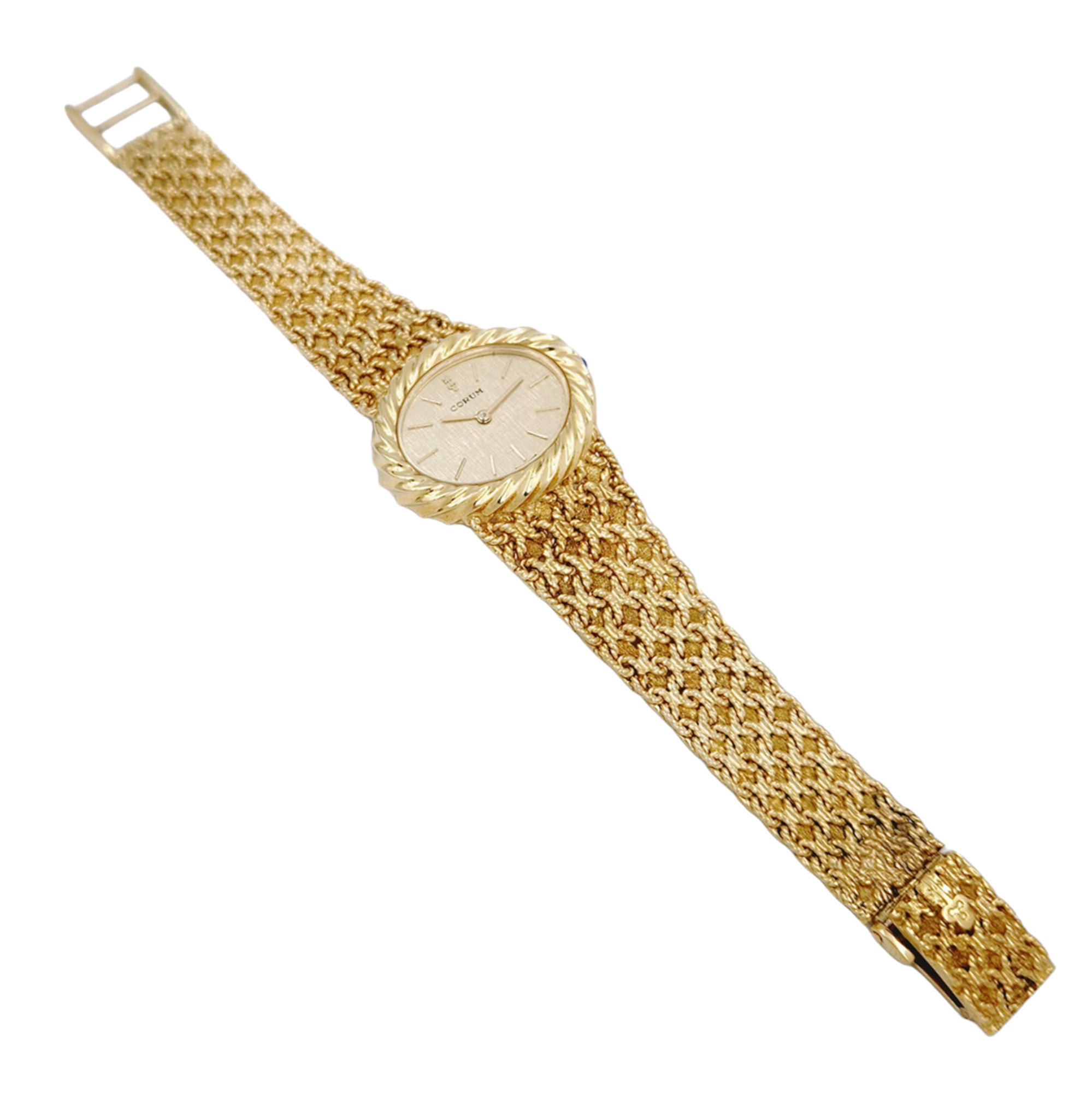 Ladies Corum 26mm x 30mm Oval Vintage 18K Yellow Gold Watch with Gold Dial and Weave Bezel. (Pre-Owned)