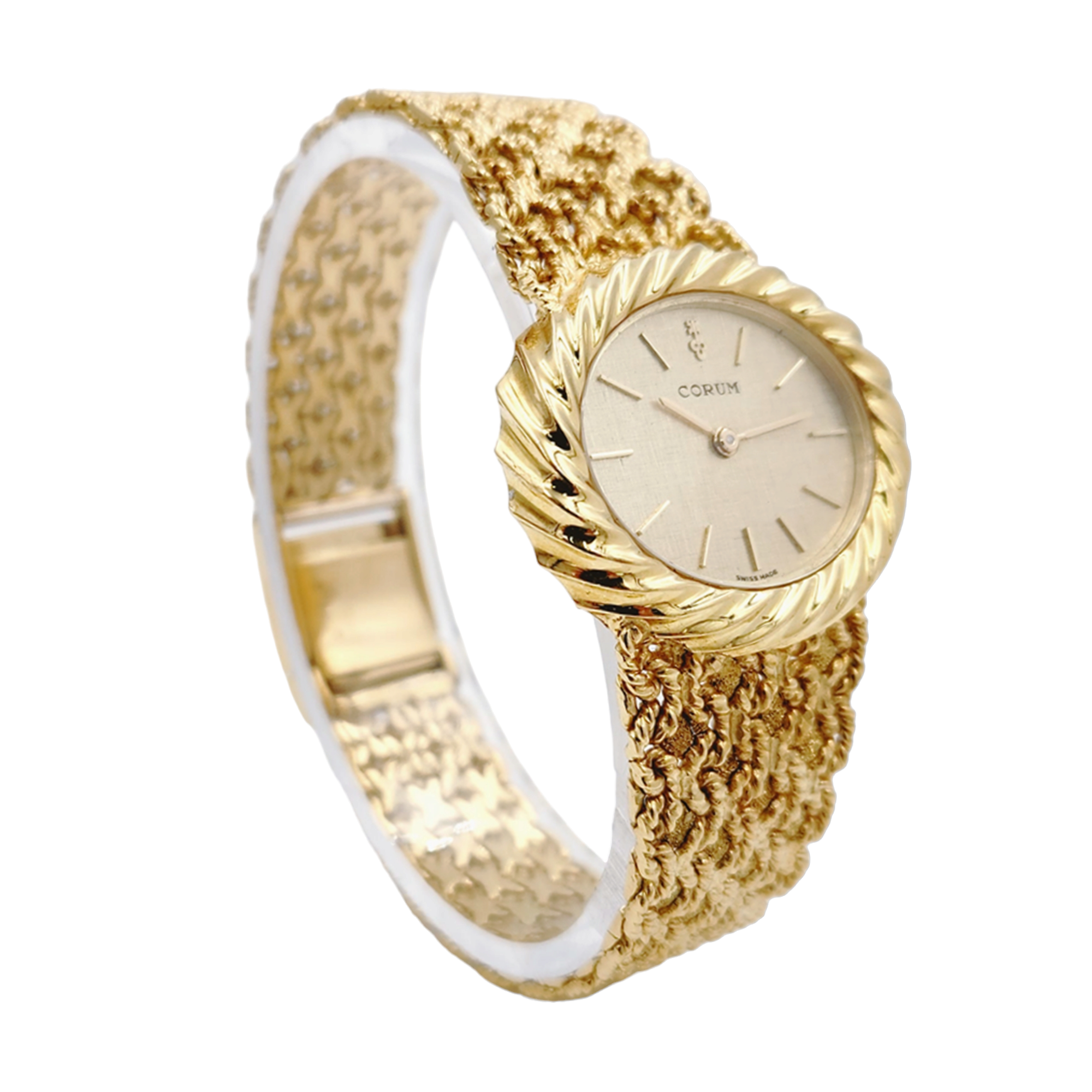 Ladies Corum 26mm x 30mm Oval Vintage 18K Yellow Gold Watch with Gold Dial and Weave Bezel. (Pre-Owned)