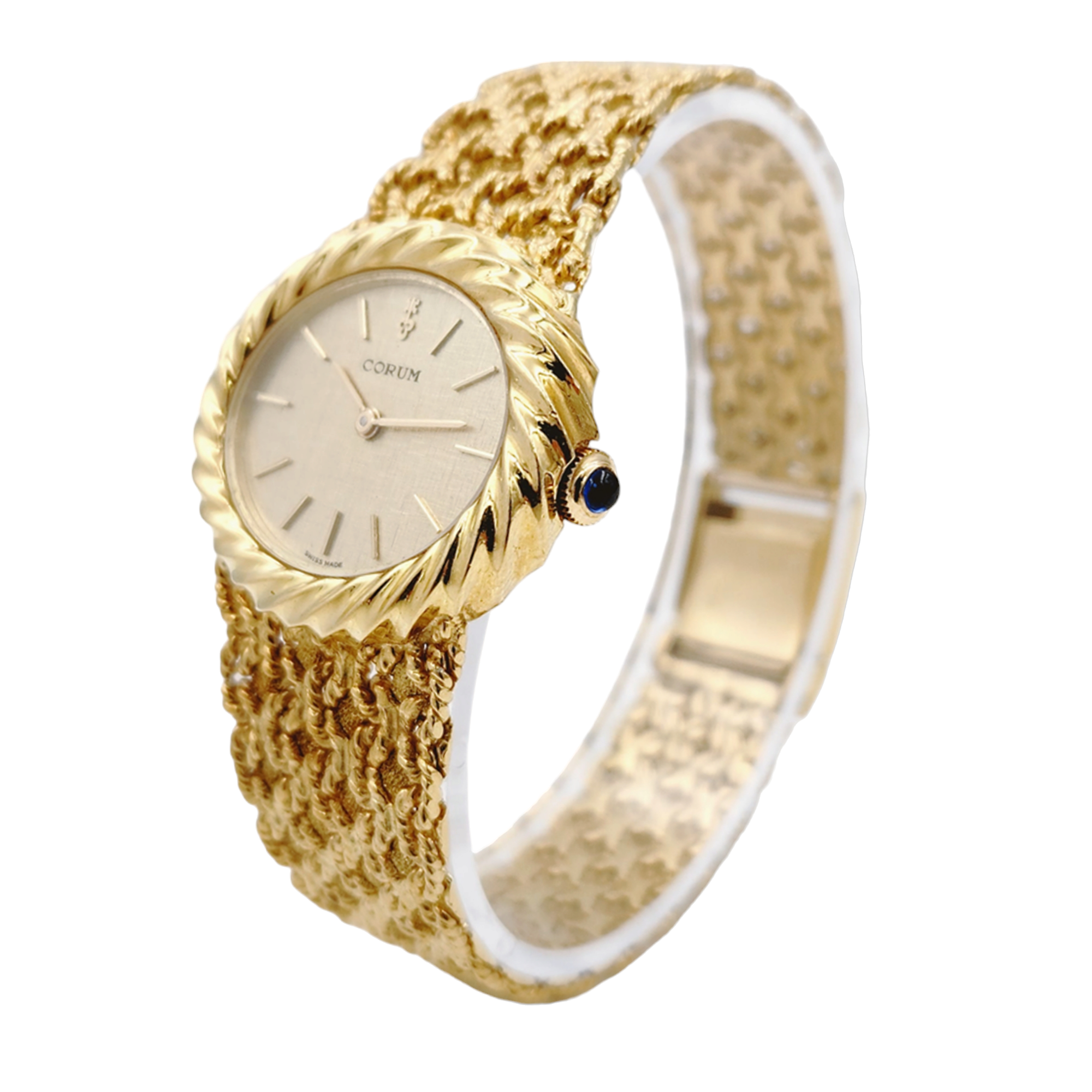 Ladies Corum 26mm x 30mm Oval Vintage 18K Yellow Gold Watch with Gold Dial and Weave Bezel. (Pre-Owned)