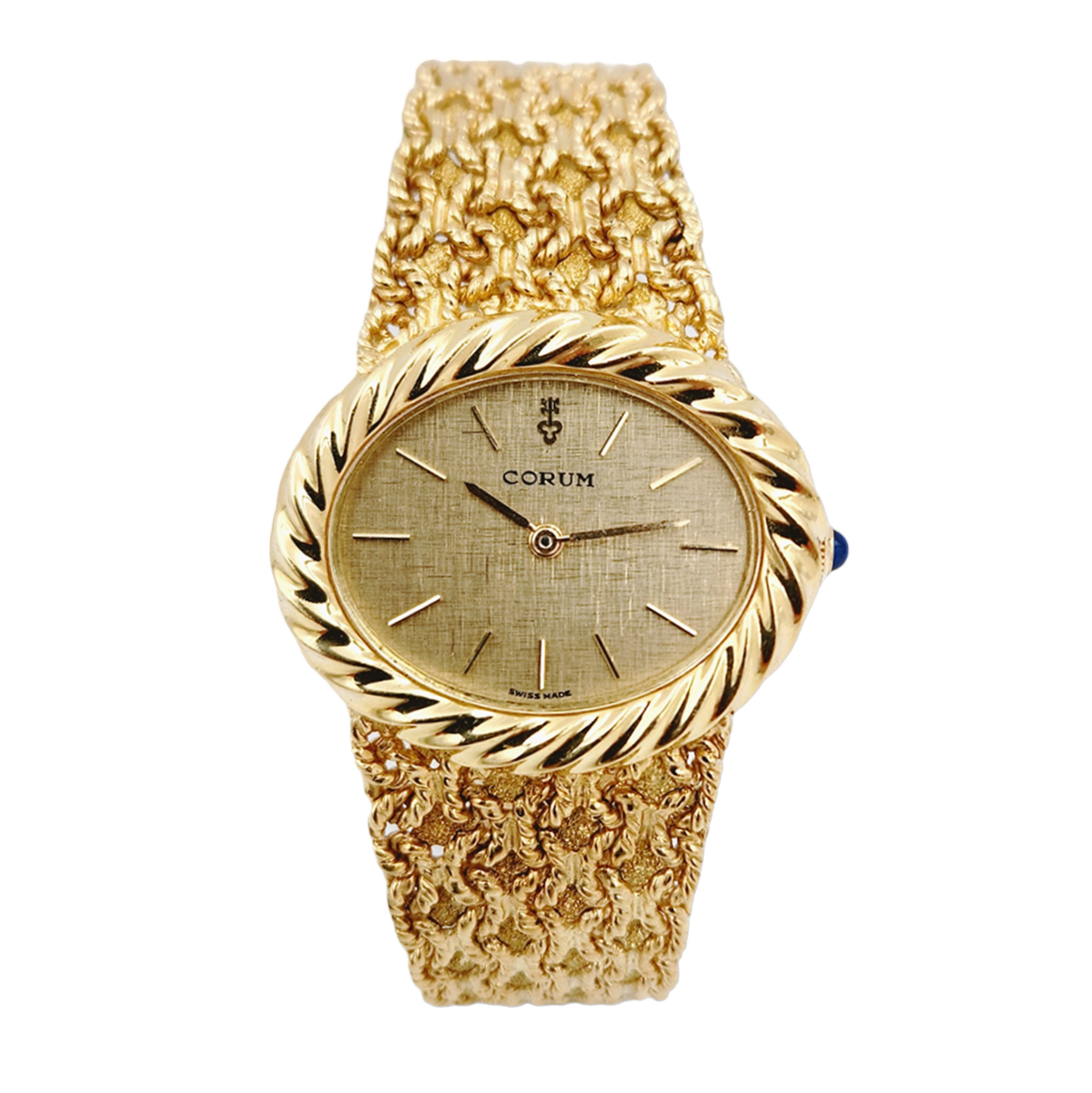 Ladies Corum 26mm x 30mm Oval Vintage 18K Yellow Gold Wristwatch with Gold Dial & Weave Bezel. (Pre-Owned)