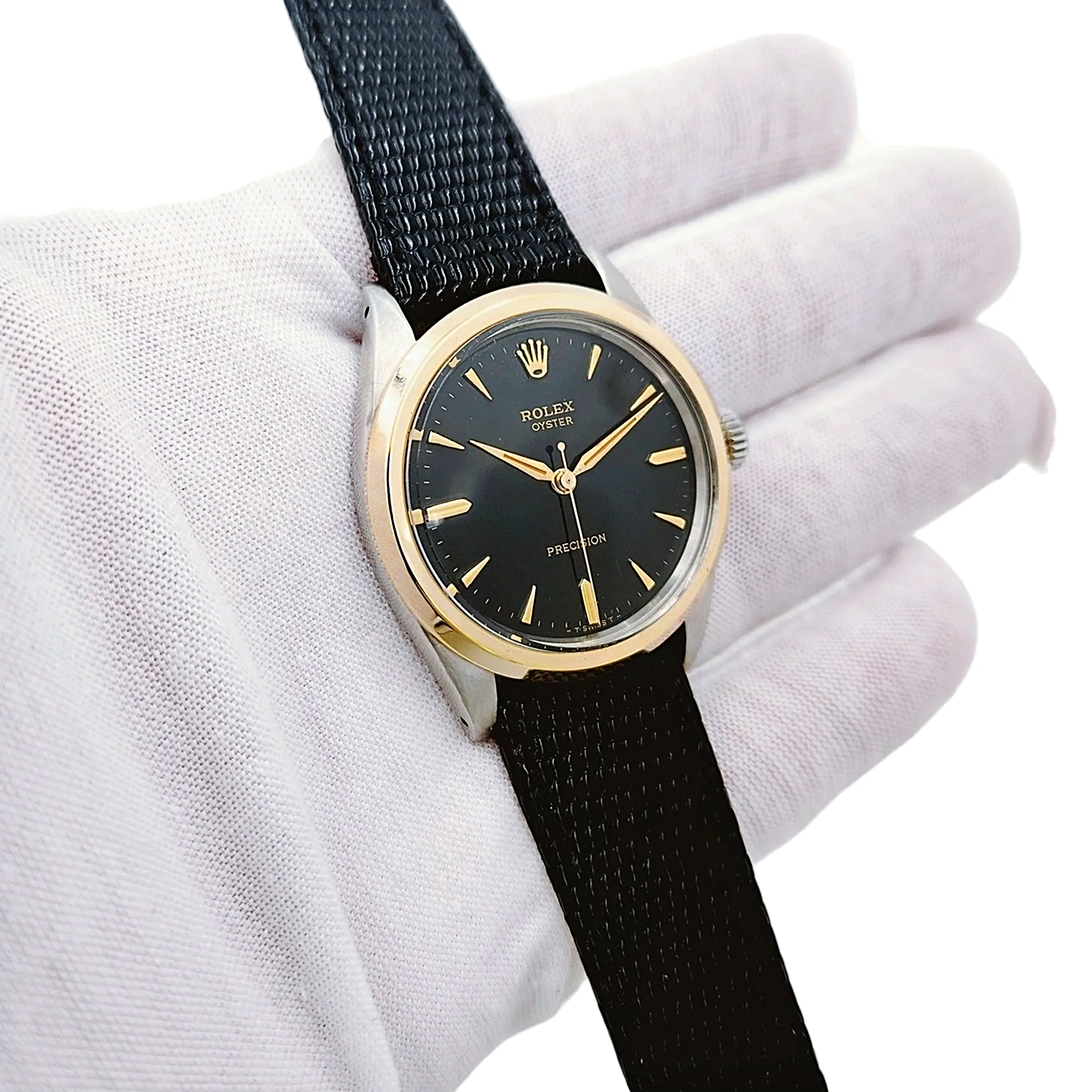 Men's Rolex 34mm Vintage Brevet 1955 Oyster Precision Two Tone Watch with Black Leather Strap and Black Dial. (Pre-Owned 6424)