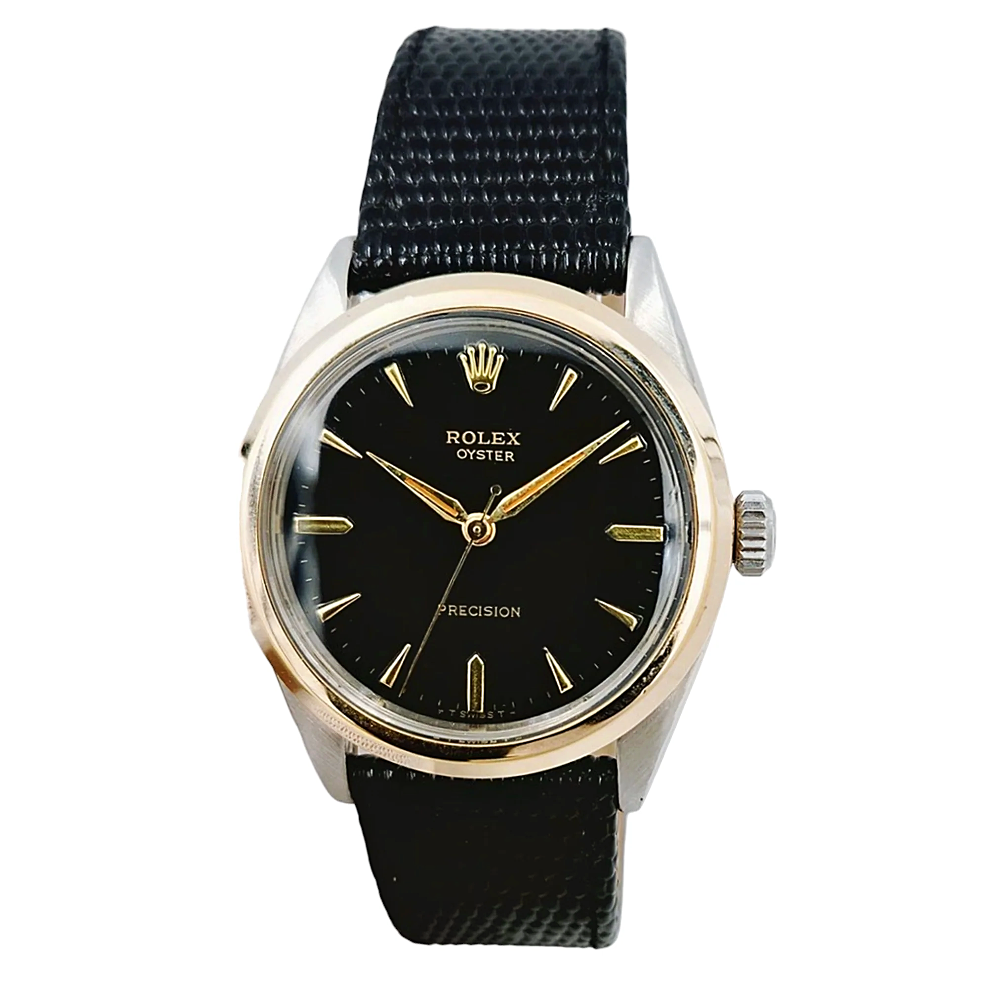 Men's Rolex 34mm Vintage Brevet 1955 Oyster Precision Two Tone Watch with Black Leather Strap and Black Dial. (Pre-Owned 6424)