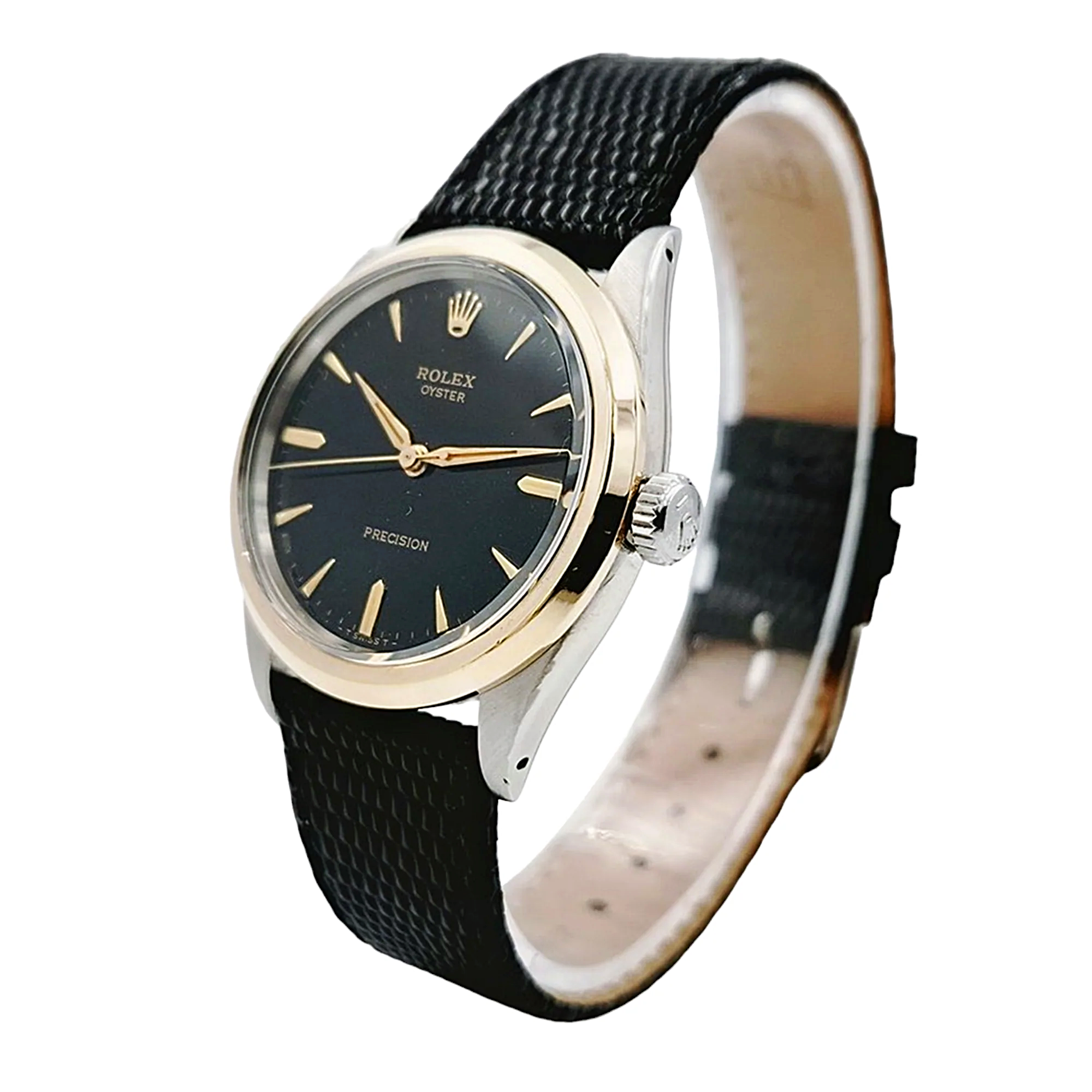 Men's Rolex 34mm Vintage Brevet 1955 Oyster Precision Two Tone Watch with Black Leather Strap and Black Dial. (Pre-Owned 6424)